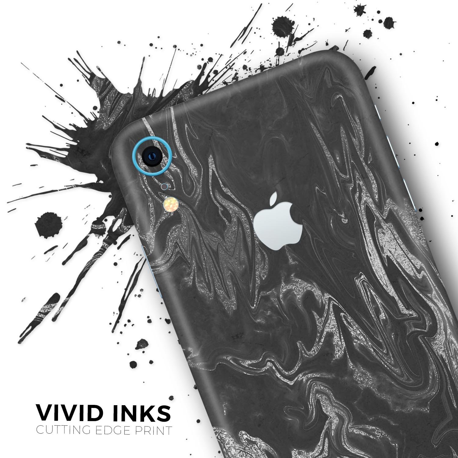 Black and silver marble swirl skin for Apple iPhone XR and XS, showcasing a stylish design with a glossy finish.