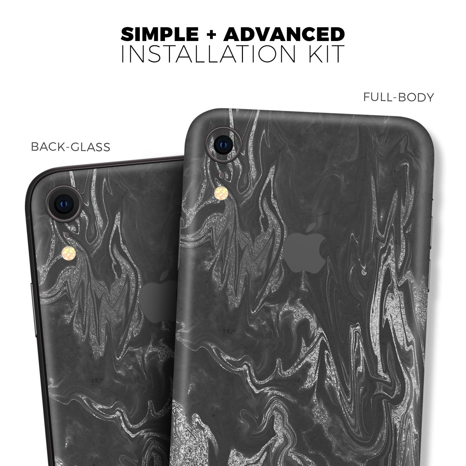 Black and silver marble swirl skin for Apple iPhone XR and XS, showcasing a stylish design with a glossy finish.