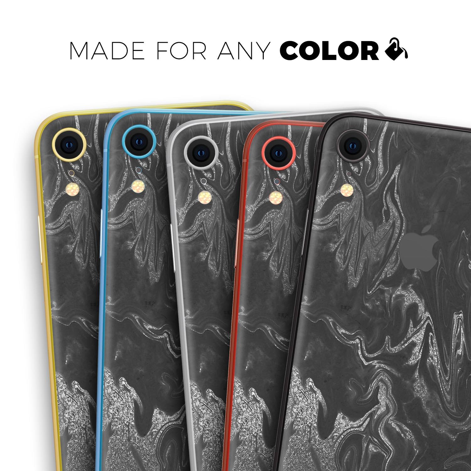 Black and silver marble swirl skin for Apple iPhone XR and XS, showcasing a stylish design with a glossy finish.