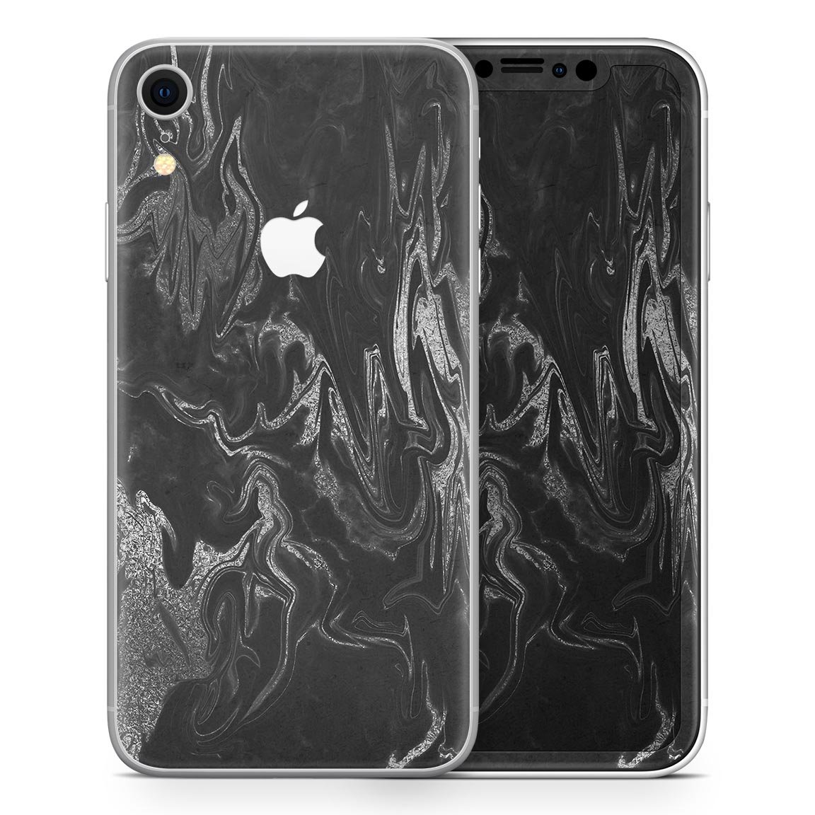 Black and silver marble swirl skin for Apple iPhone XR and XS, showcasing a stylish design with a glossy finish.