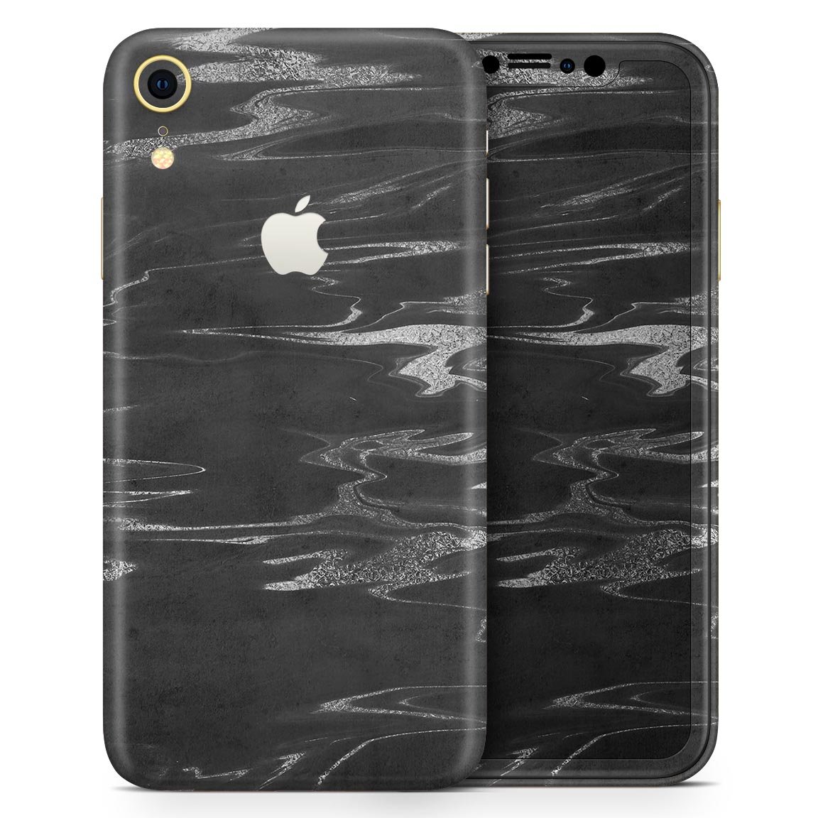 Black and silver marble swirl skin kit for Apple iPhone XR and XS, showcasing a stylish design with a premium finish.