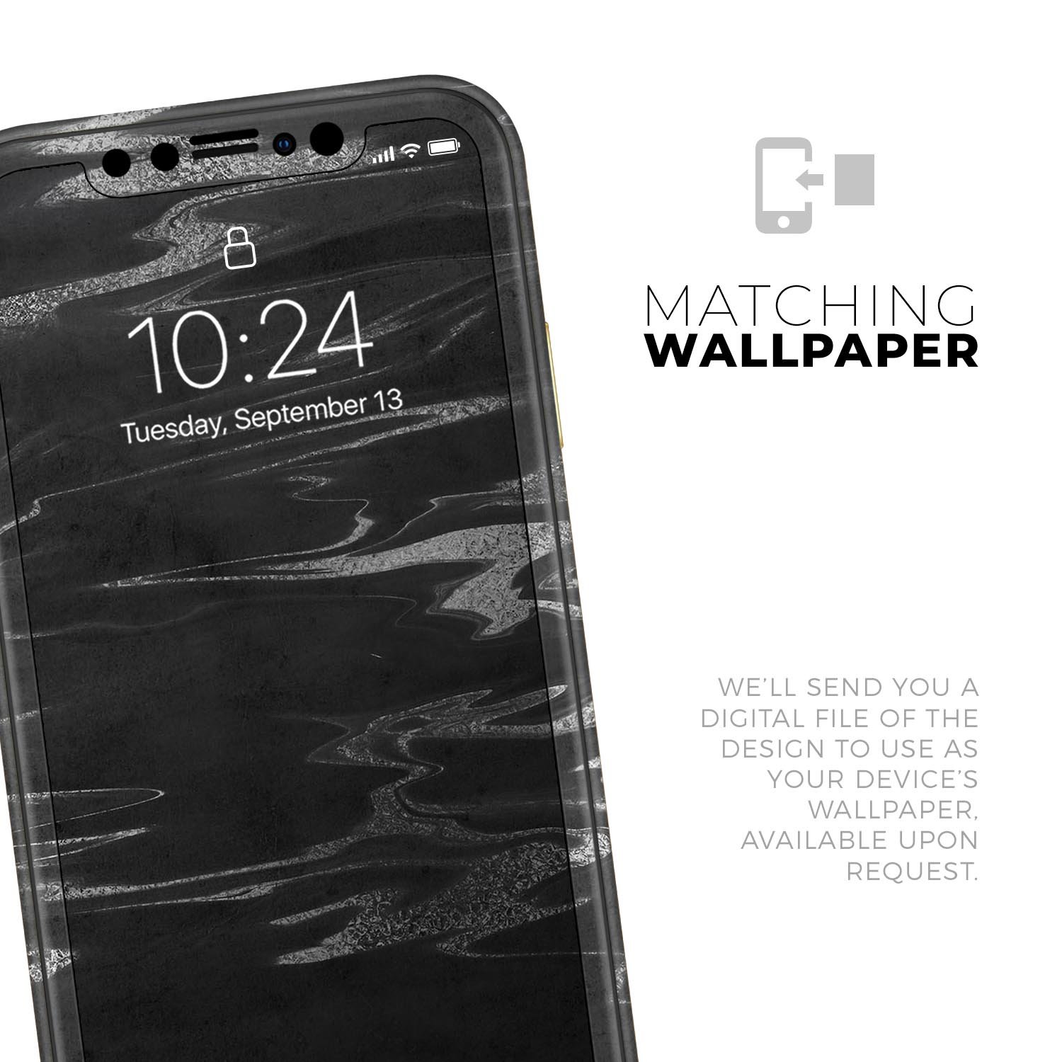 Black and silver marble swirl skin kit for Apple iPhone XR and XS, showcasing a stylish design with a premium finish.