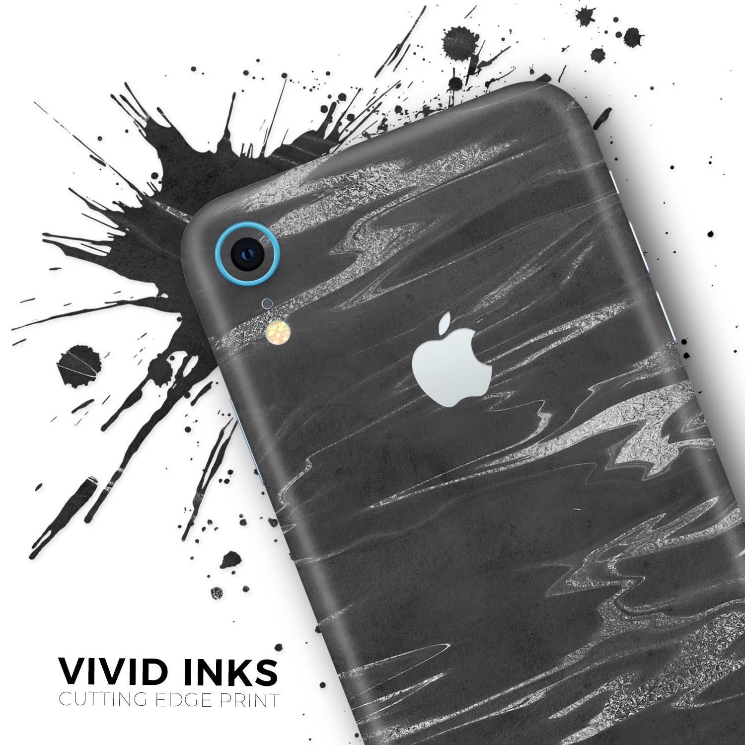 Black and silver marble swirl skin kit for Apple iPhone XR and XS, showcasing a stylish design with a premium finish.