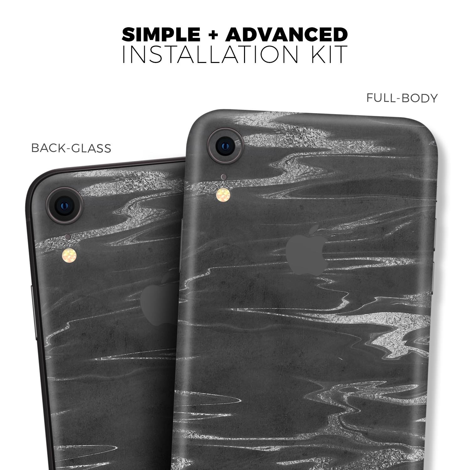 Black and silver marble swirl skin kit for Apple iPhone XR and XS, showcasing a stylish design with a premium finish.