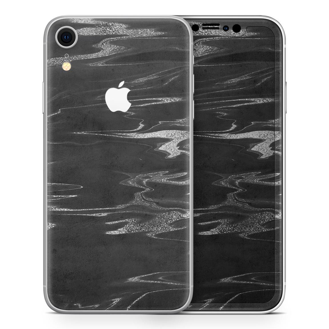 Black and silver marble swirl skin kit for Apple iPhone XR and XS, showcasing a stylish design with a premium finish.