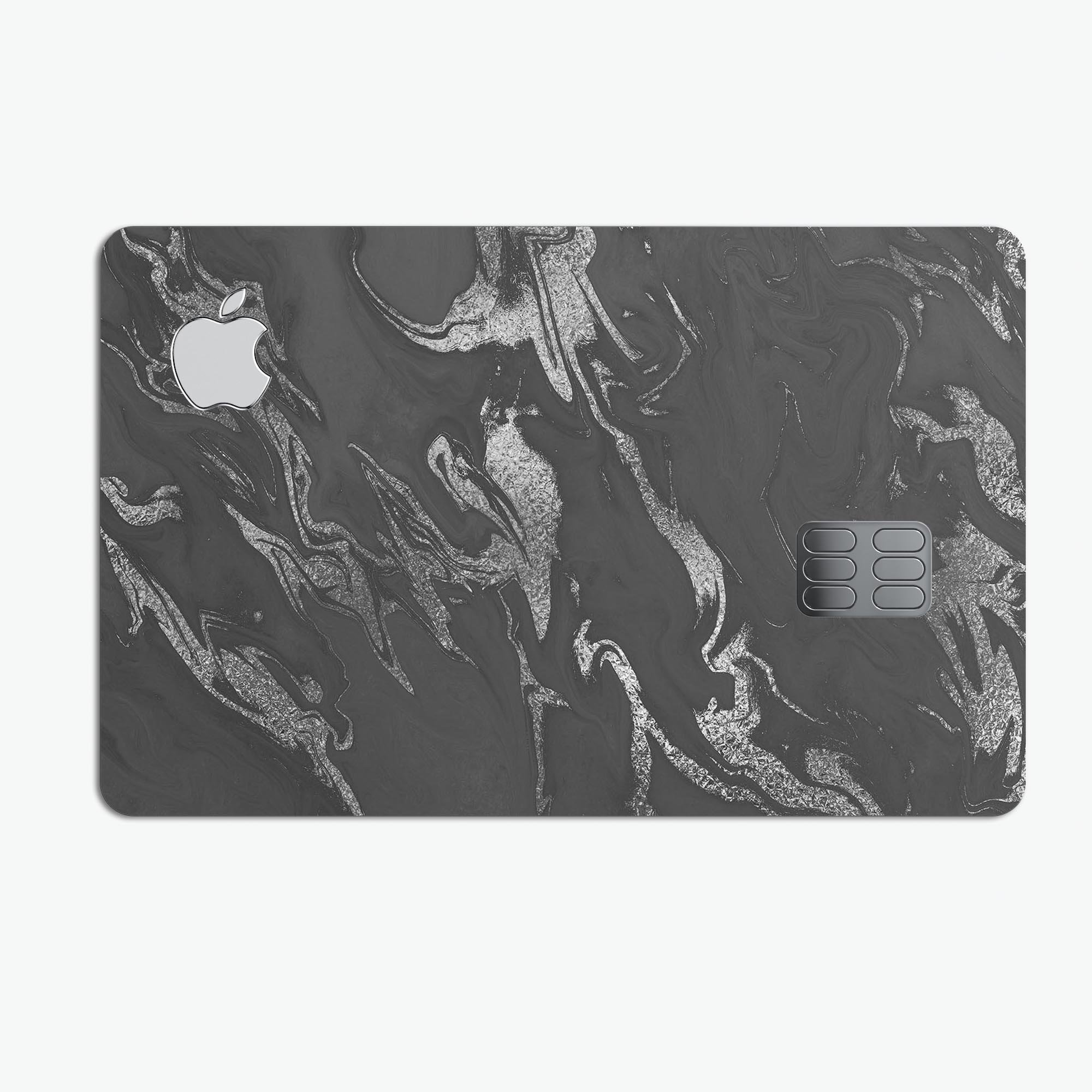 Black and silver marble swirl decal skin for Apple Card, showcasing a premium design with a glossy finish.