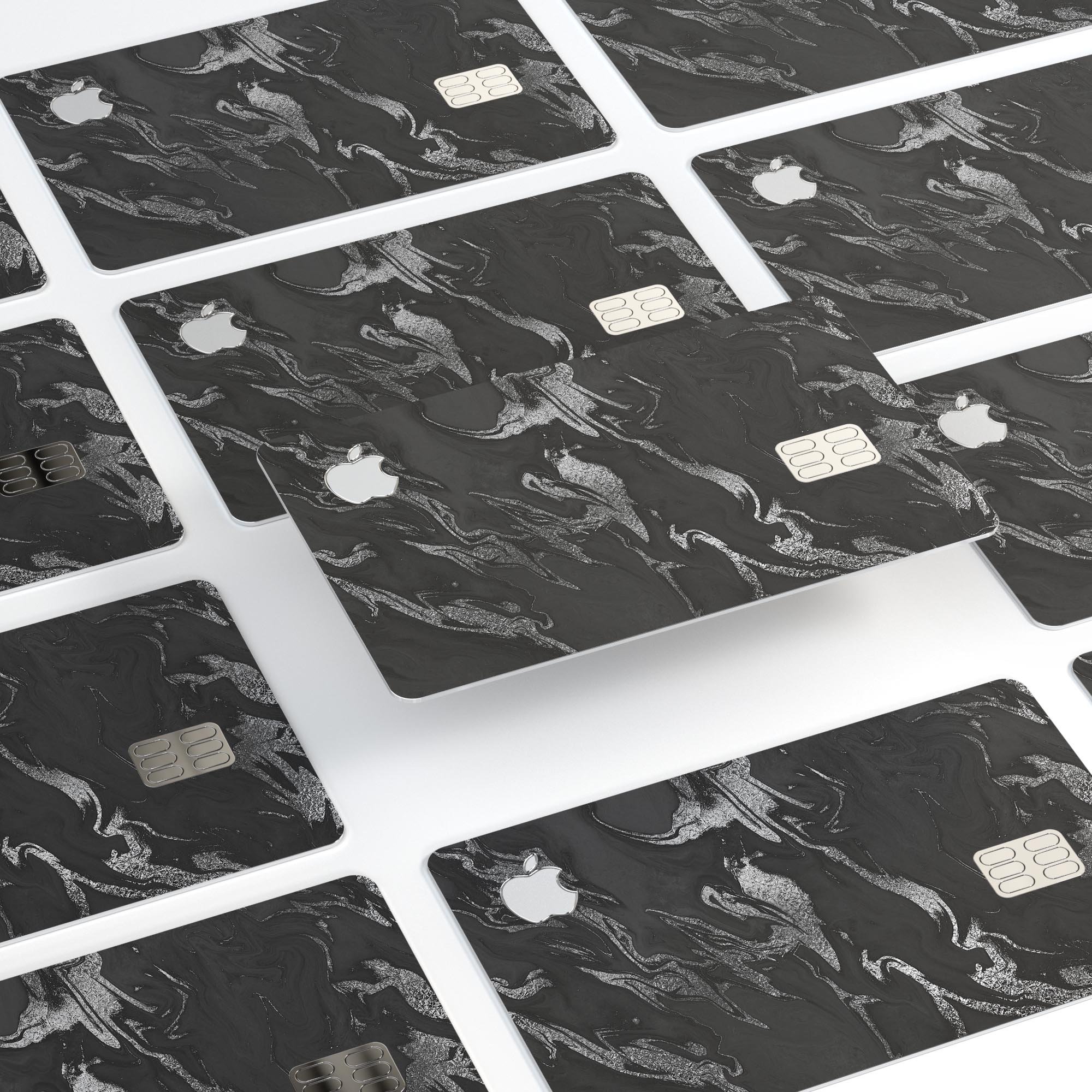 Black and silver marble swirl decal skin for Apple Card, showcasing a premium design with a glossy finish.