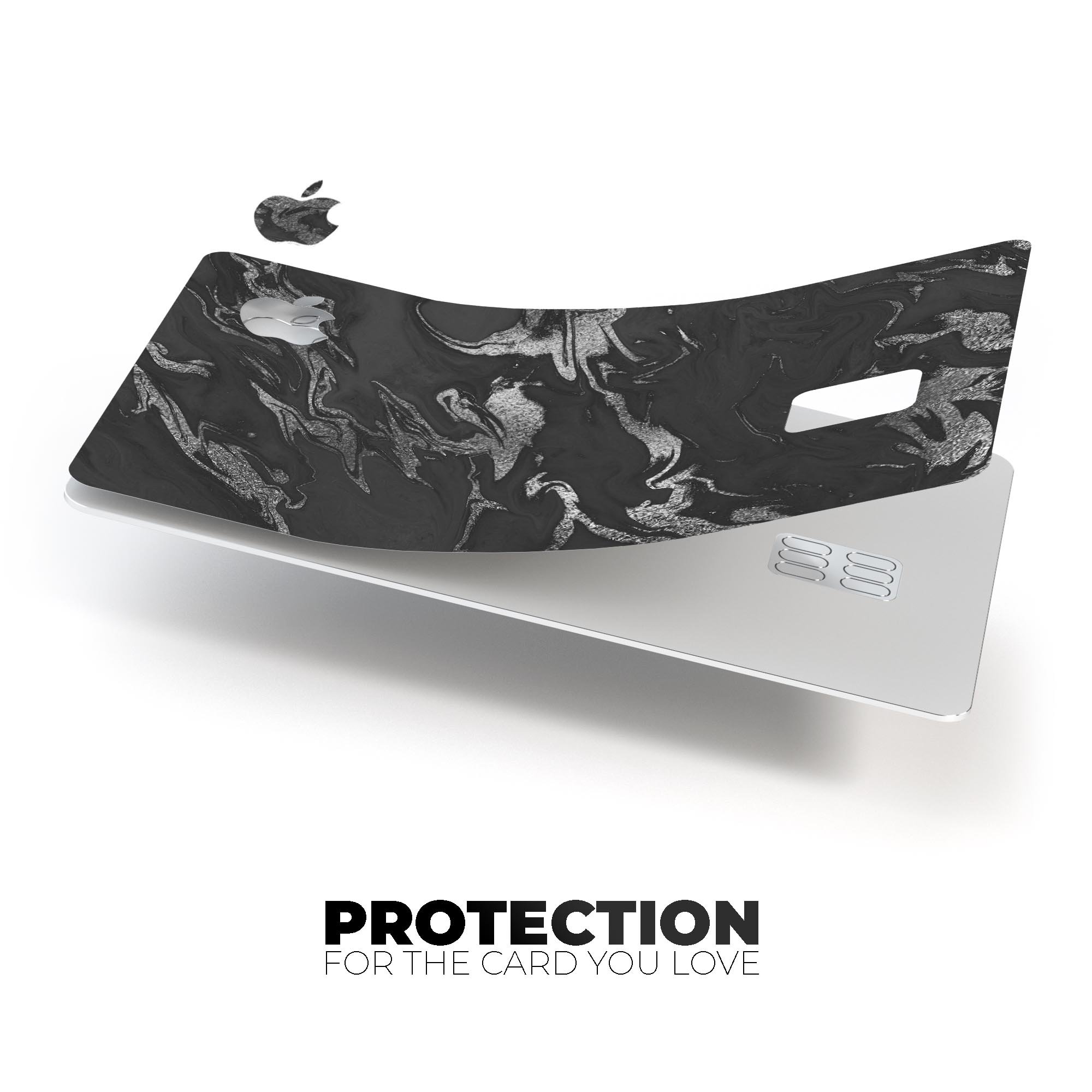 Black and silver marble swirl decal skin for Apple Card, showcasing a premium design with a glossy finish.