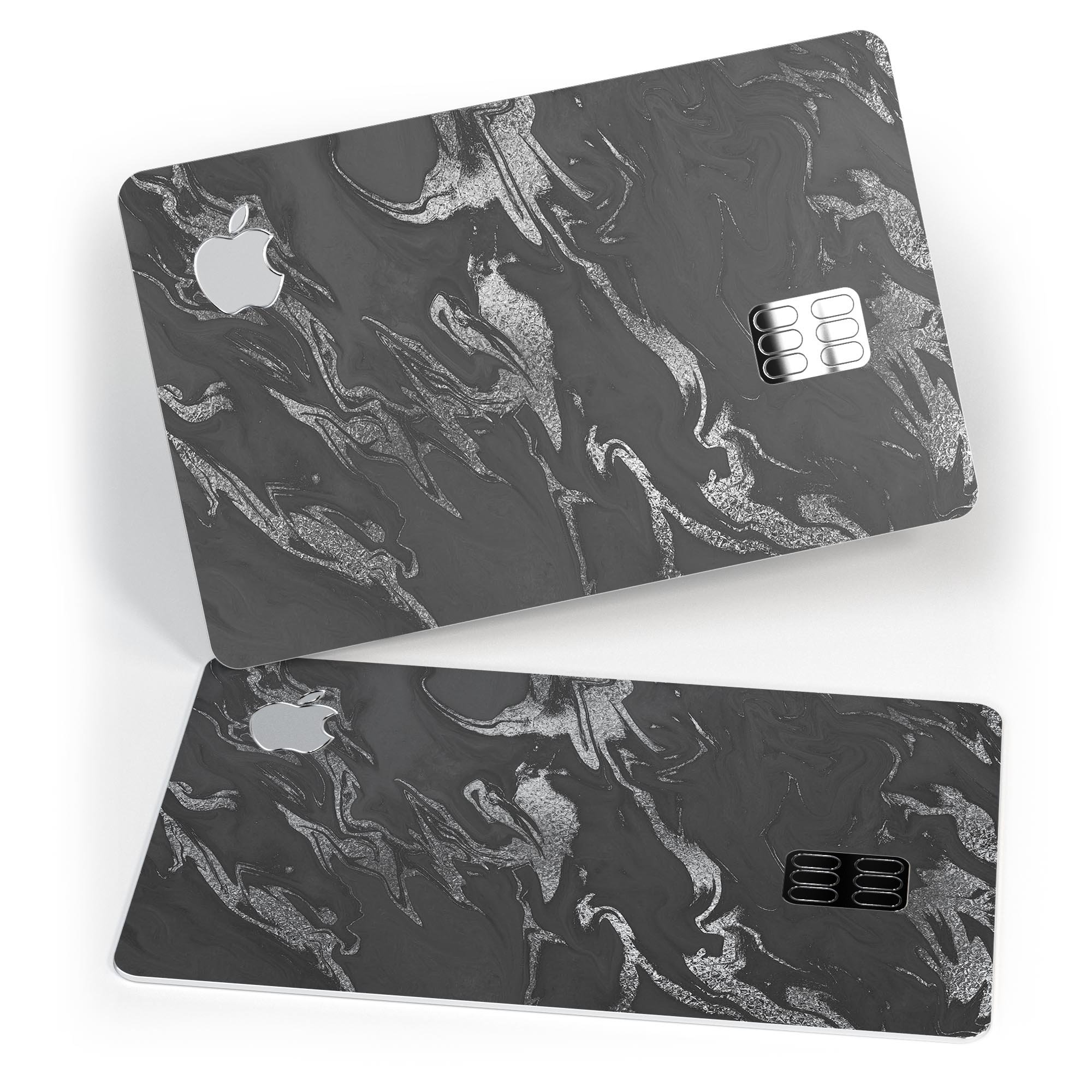 Black and silver marble swirl decal skin for Apple Card, showcasing a premium design with a glossy finish.