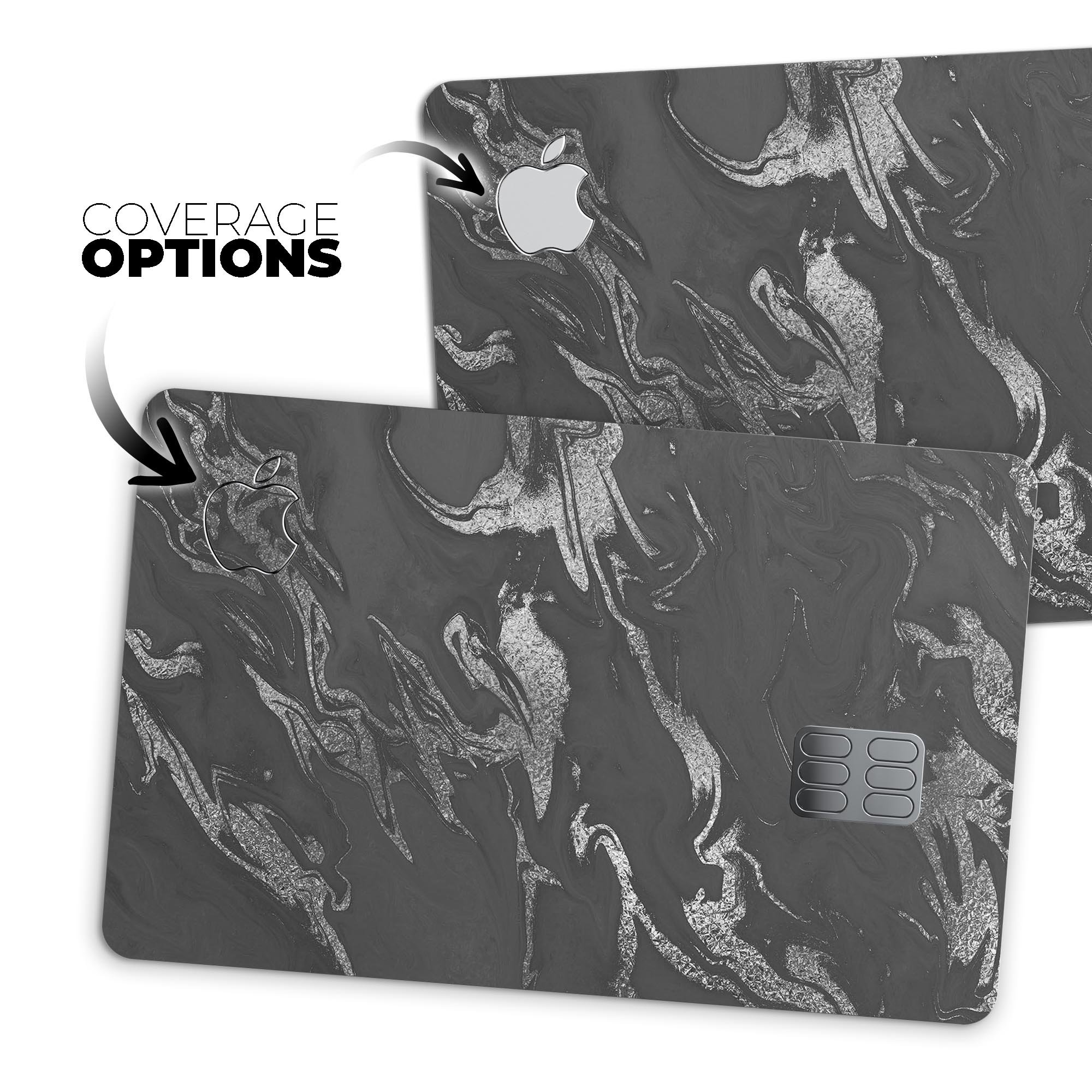 Black and silver marble swirl decal skin for Apple Card, showcasing a premium design with a glossy finish.