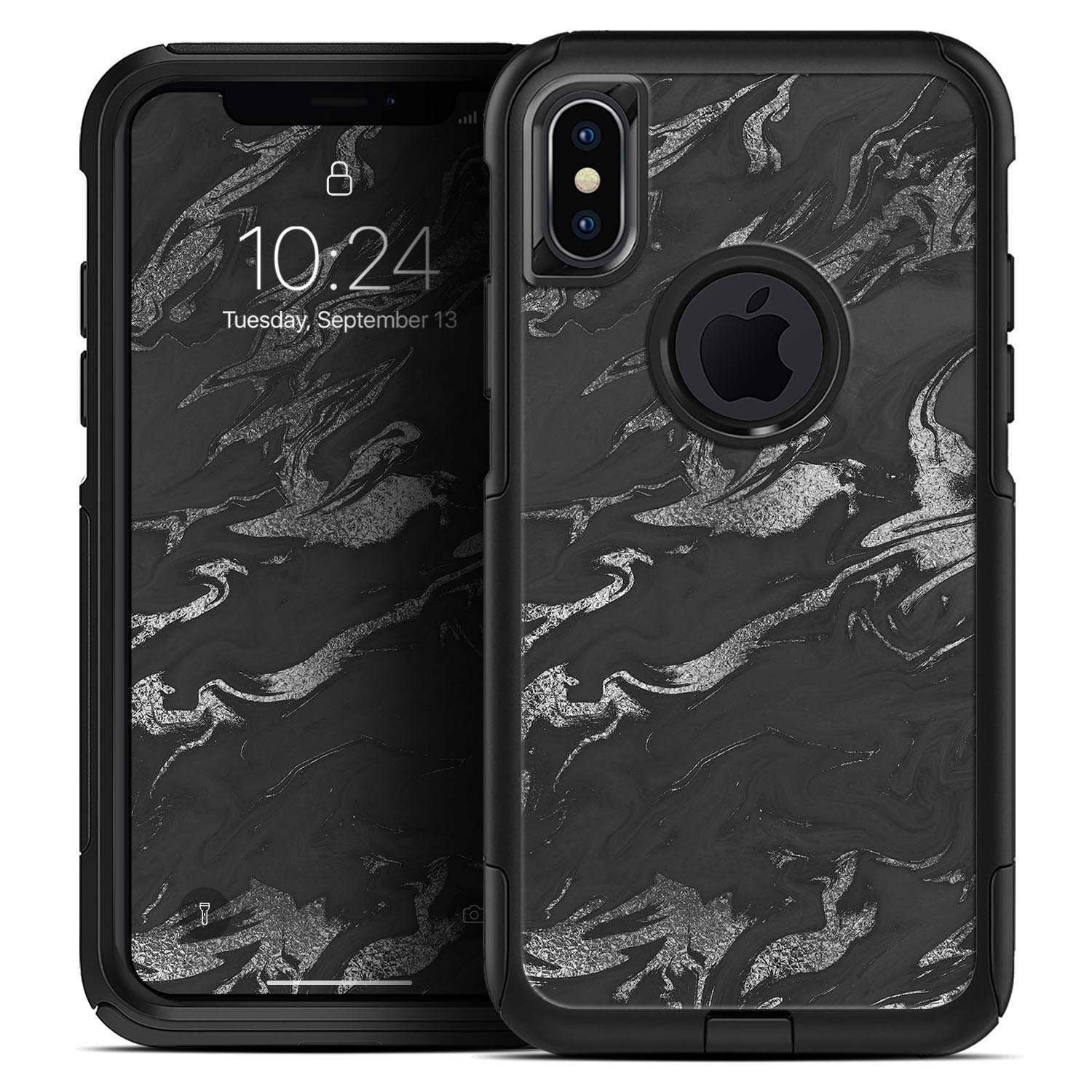 Black & Silver Marble Swirl V3 Skin Kit for iPhone OtterBox, showcasing a stylish marble design.