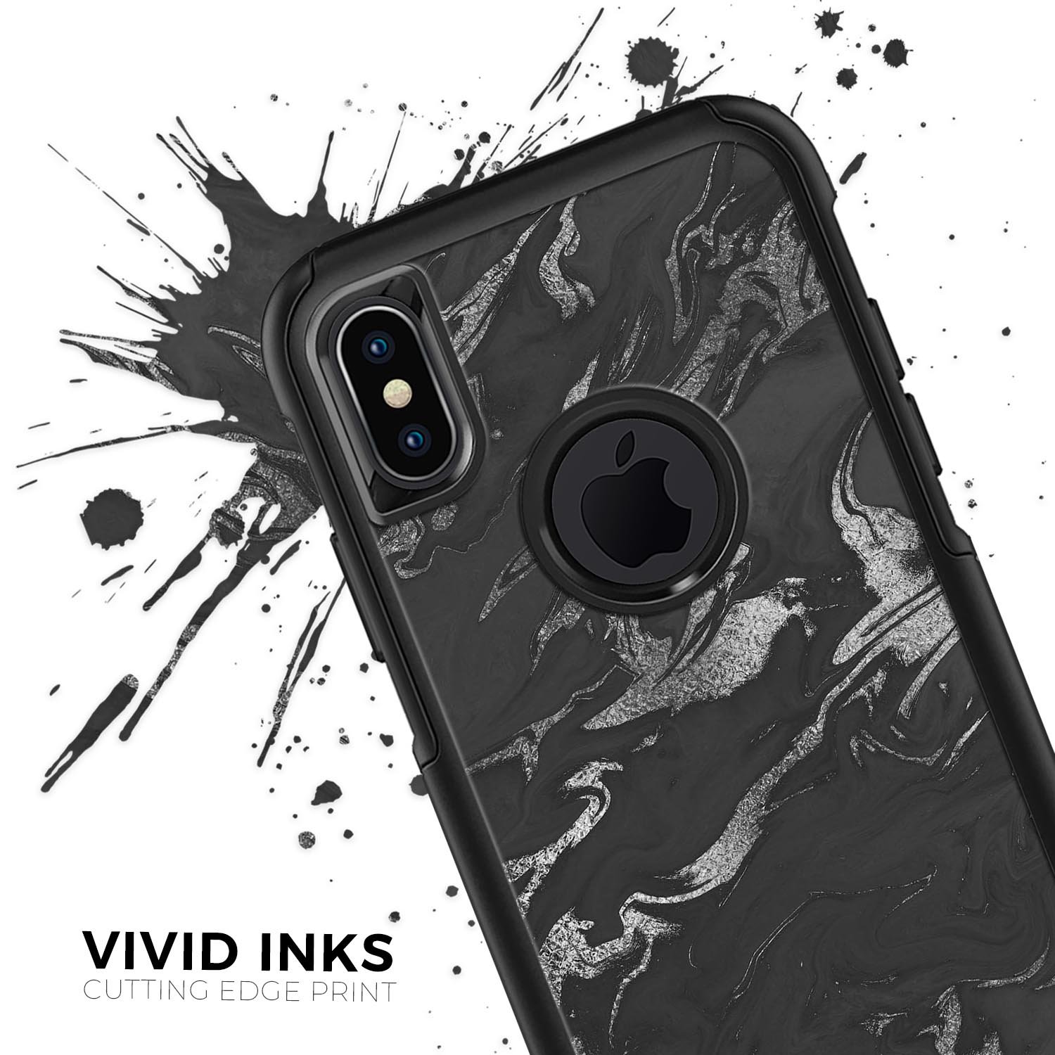 Black & Silver Marble Swirl V3 Skin Kit for iPhone OtterBox, showcasing a stylish marble design.