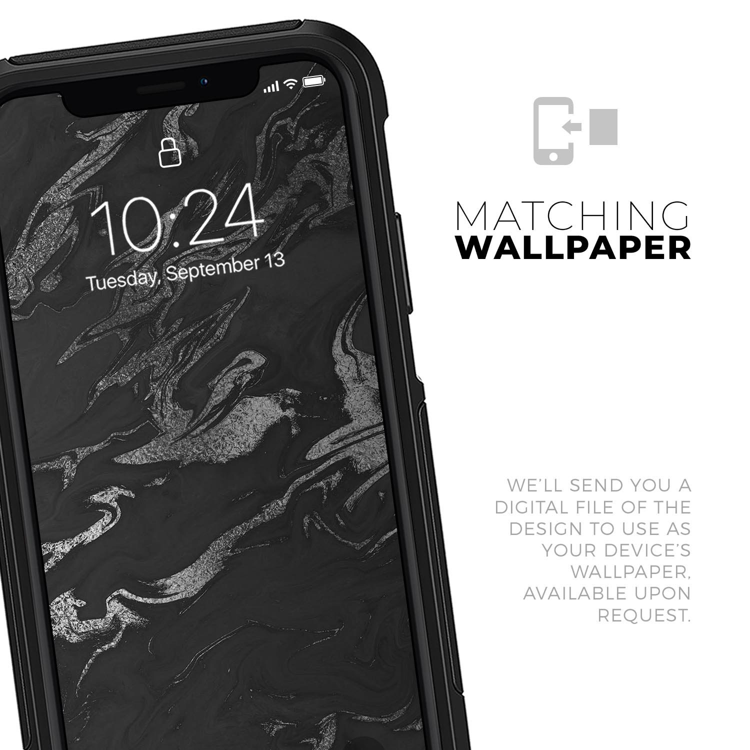 Black & Silver Marble Swirl V3 Skin Kit for iPhone OtterBox, showcasing a stylish marble design.