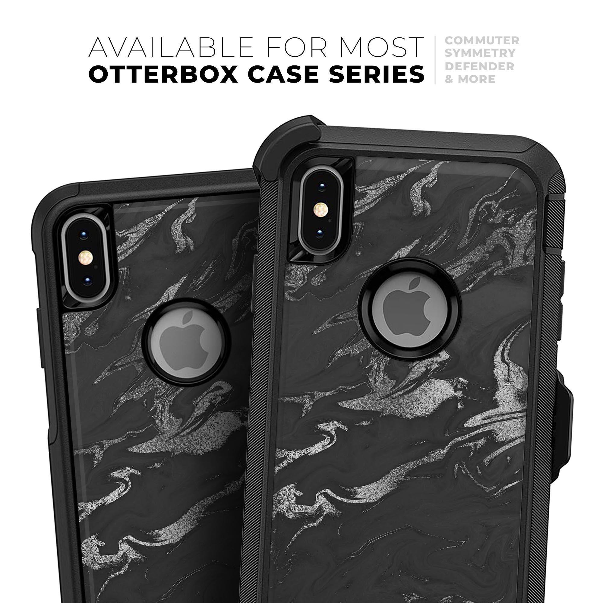 Black & Silver Marble Swirl V3 Skin Kit for iPhone OtterBox, showcasing a stylish marble design.