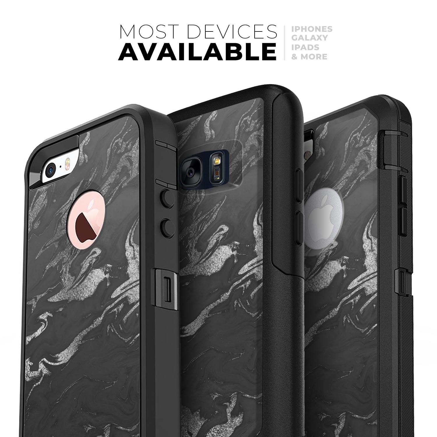 Black & Silver Marble Swirl V3 Skin Kit for iPhone OtterBox, showcasing a stylish marble design.