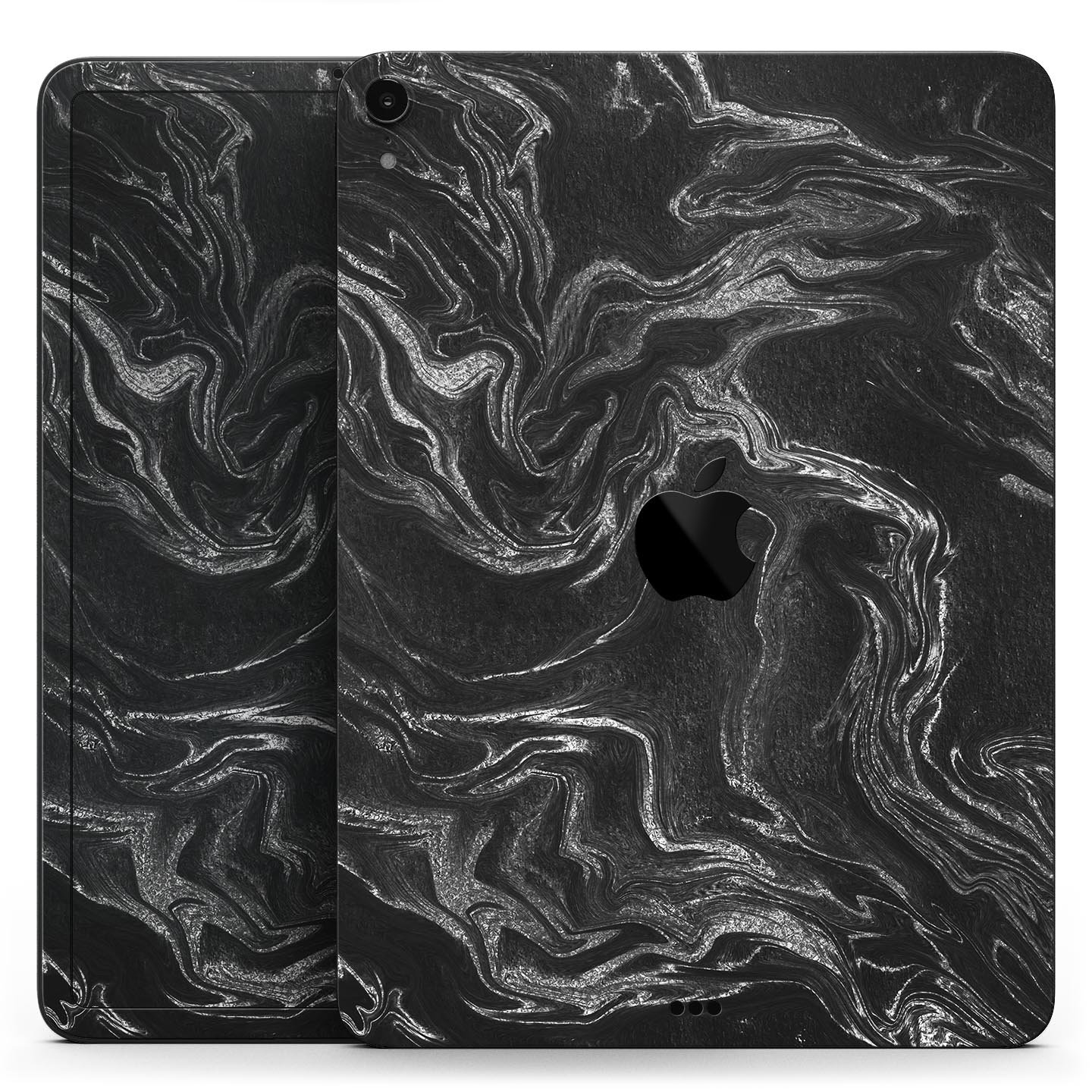 Black and silver marble swirl skin decal for Apple devices, showcasing a stylish design with a premium finish.