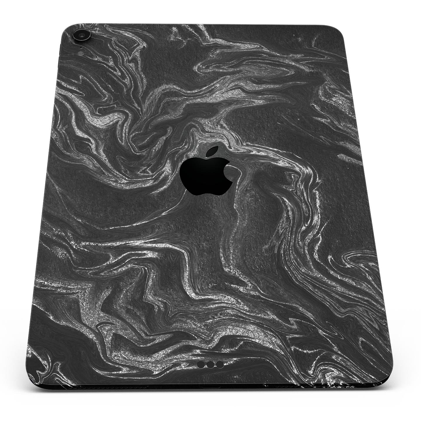 Black and silver marble swirl skin decal for Apple devices, showcasing a stylish design with a premium finish.