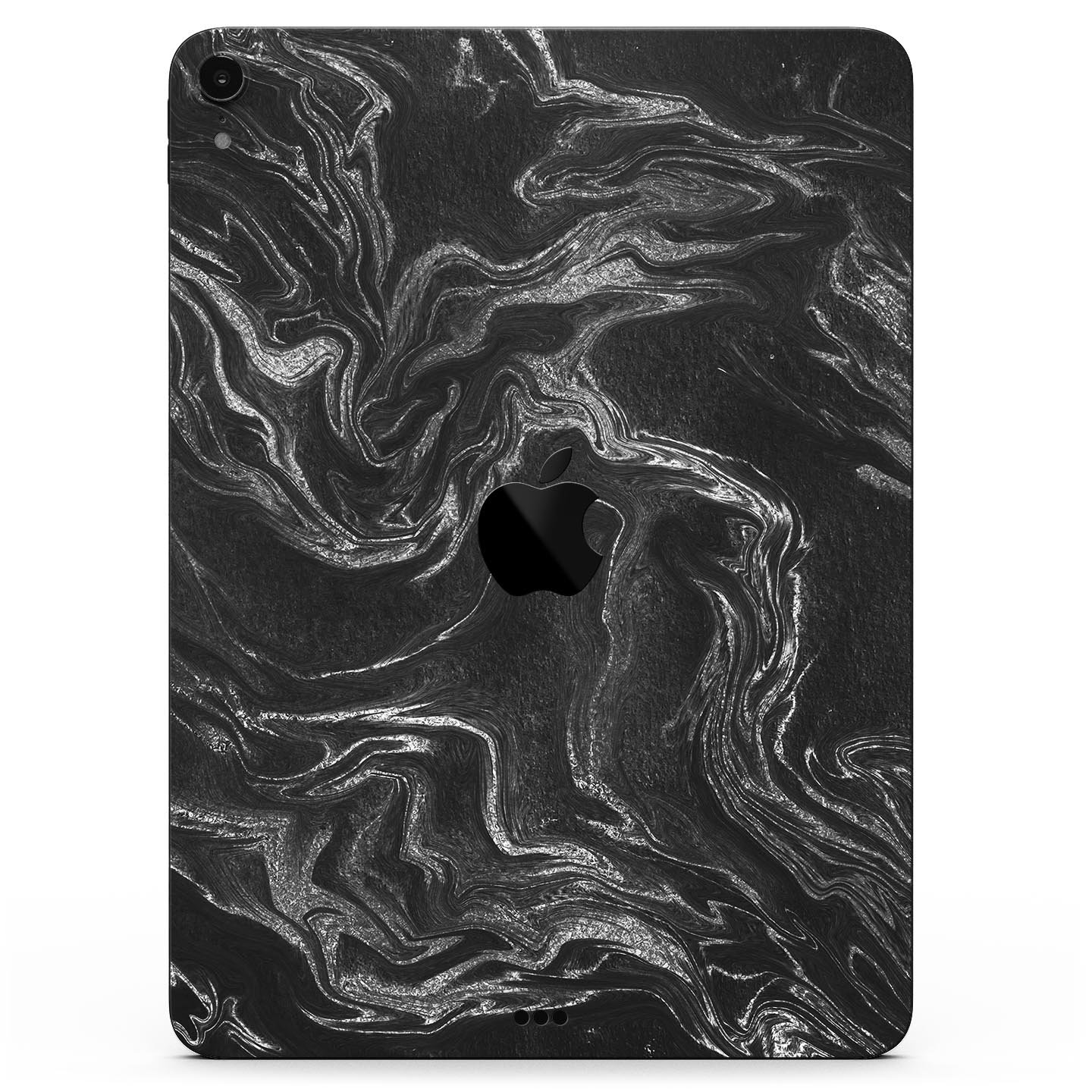 Black and silver marble swirl skin decal for Apple devices, showcasing a stylish design with a premium finish.