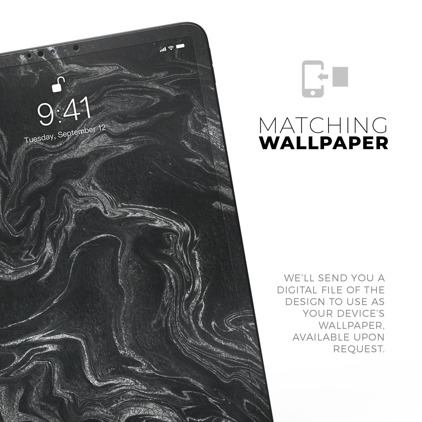 Black and silver marble swirl skin decal for Apple devices, showcasing a stylish design with a premium finish.