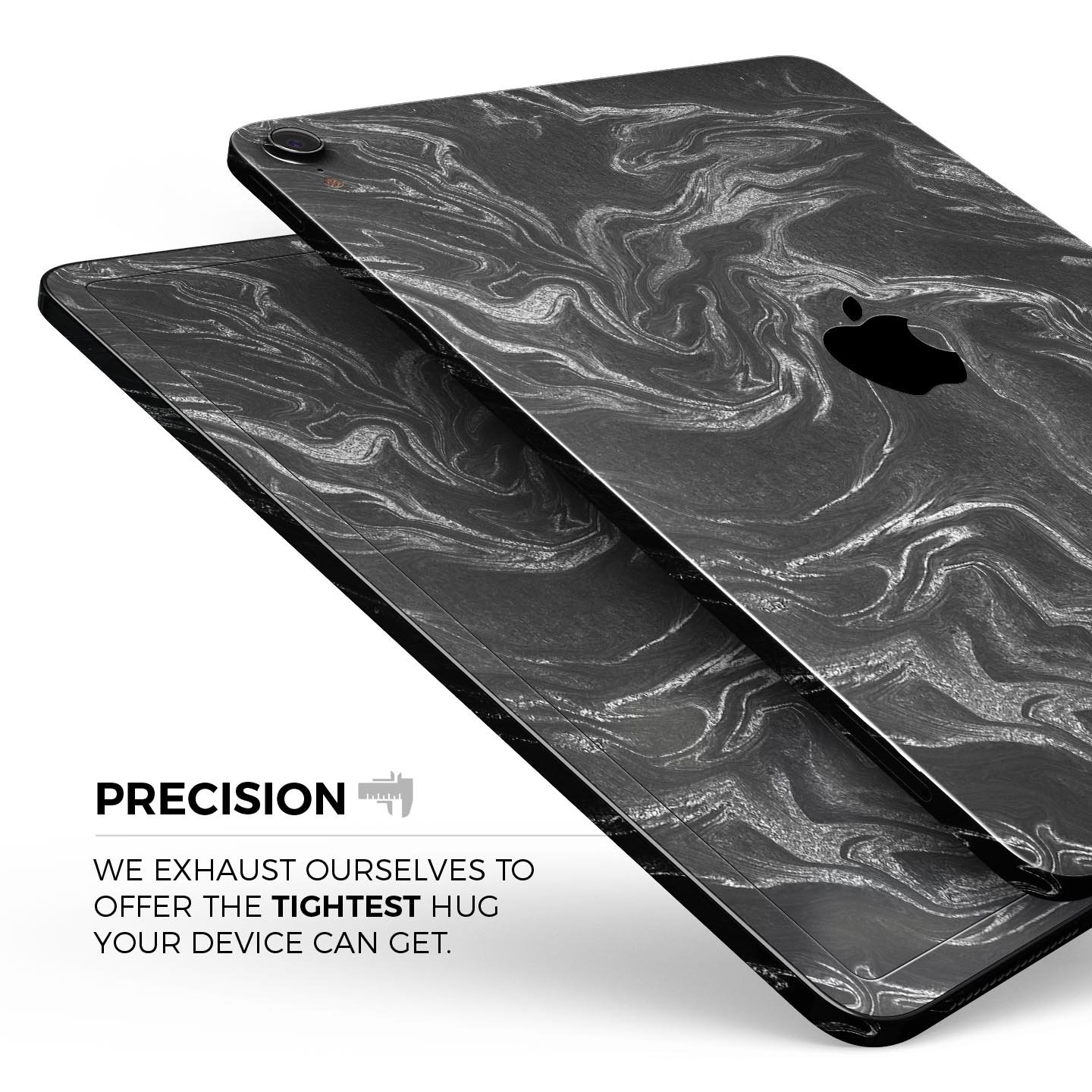 Black and silver marble swirl skin decal for Apple devices, showcasing a stylish design with a premium finish.