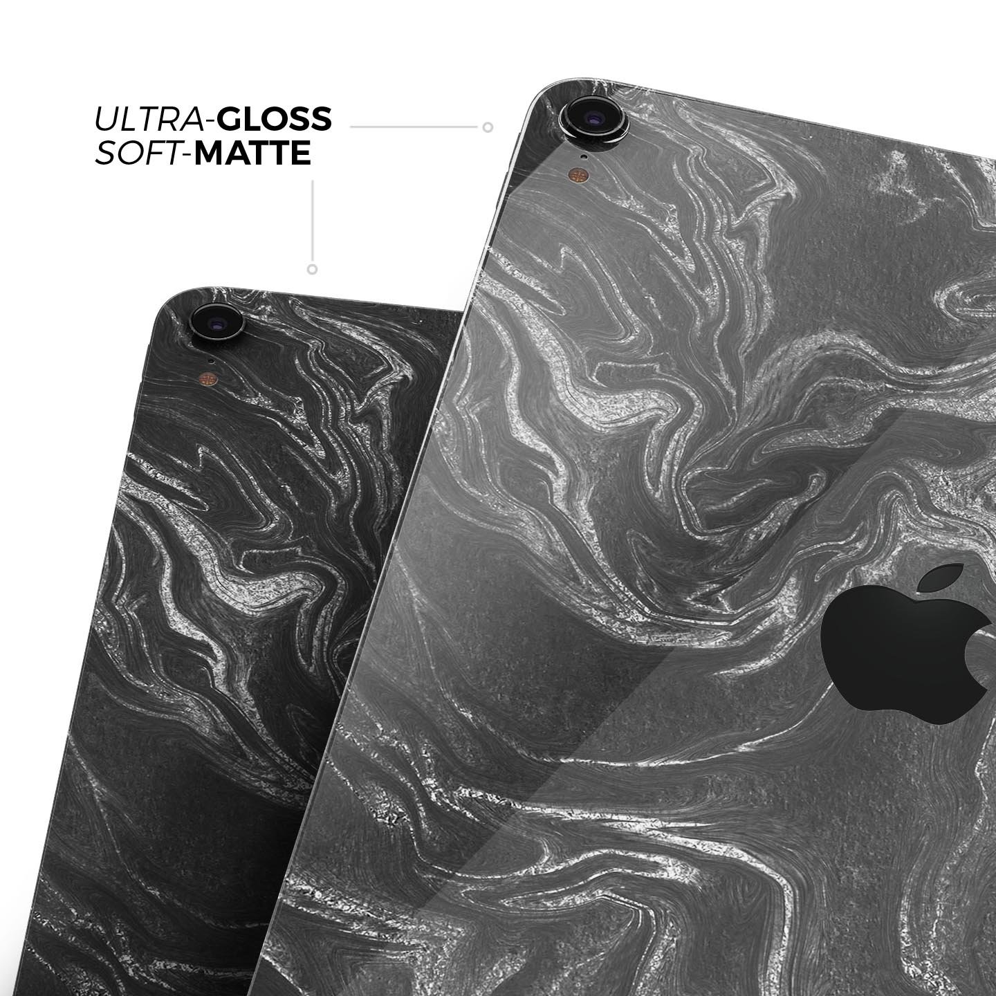 Black and silver marble swirl skin decal for Apple devices, showcasing a stylish design with a premium finish.