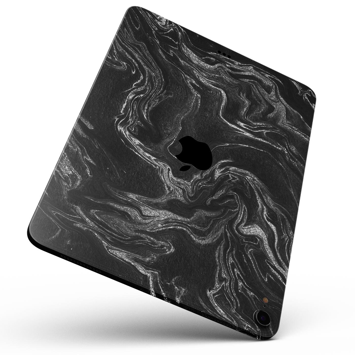 Black and silver marble swirl skin decal for Apple devices, showcasing a stylish design with a premium finish.