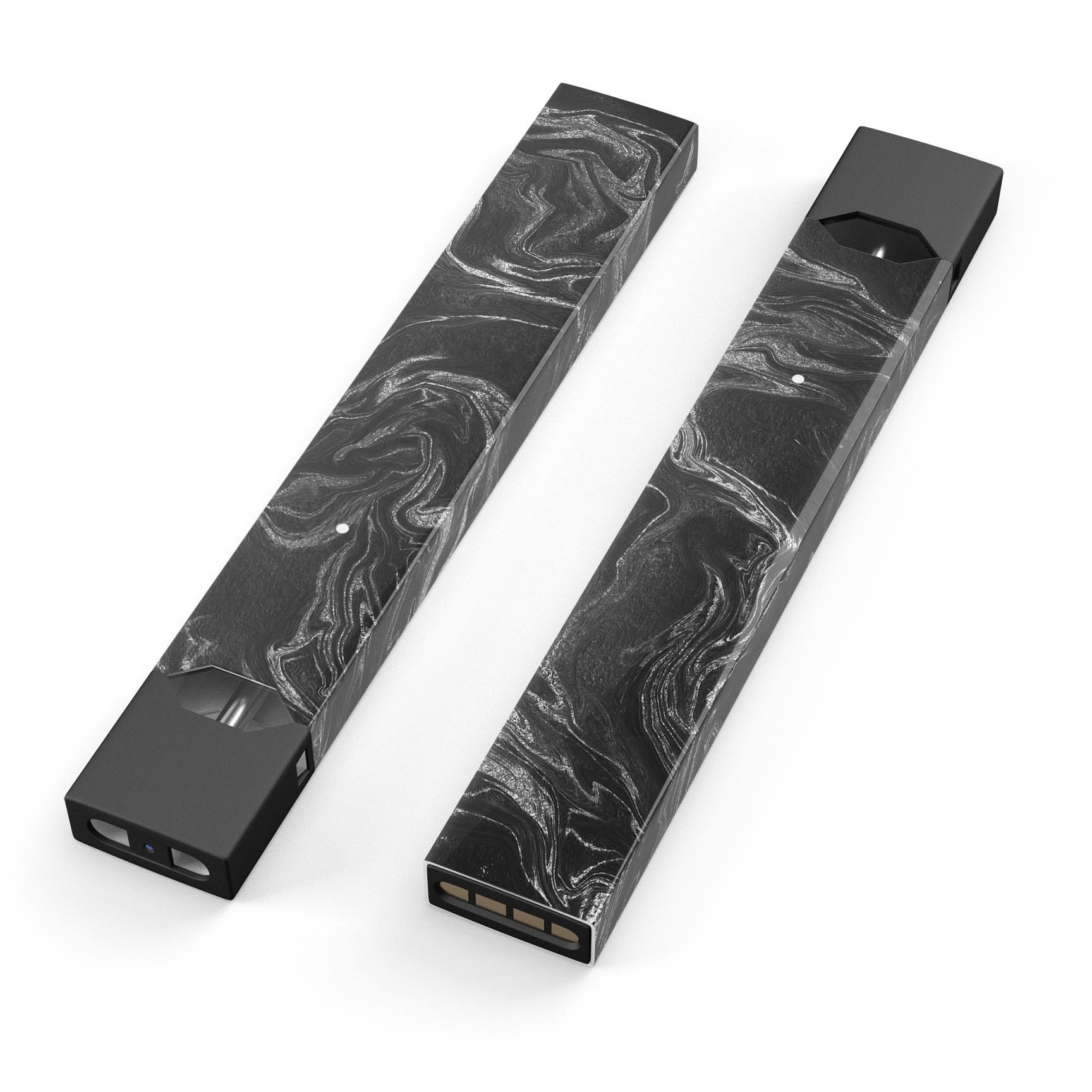 Black and silver marble swirl skin wrap for JUUL vaping device, showcasing a stylish design and protective features.