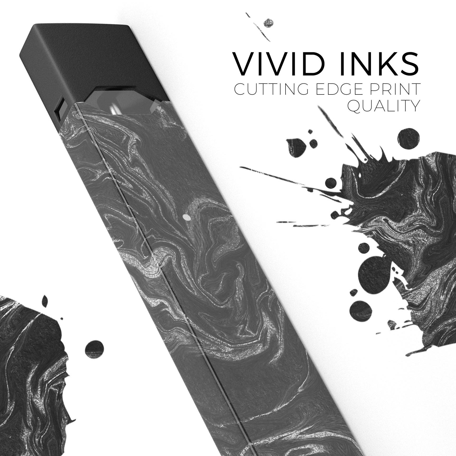 Black and silver marble swirl skin wrap for JUUL vaping device, showcasing a stylish design and protective features.