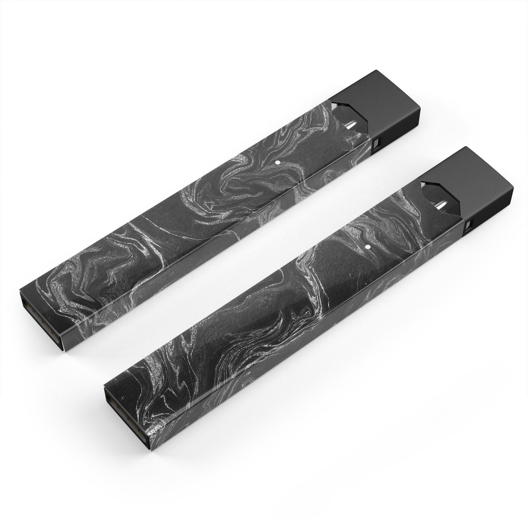 Black and silver marble swirl skin wrap for JUUL vaping device, showcasing a stylish design and protective features.