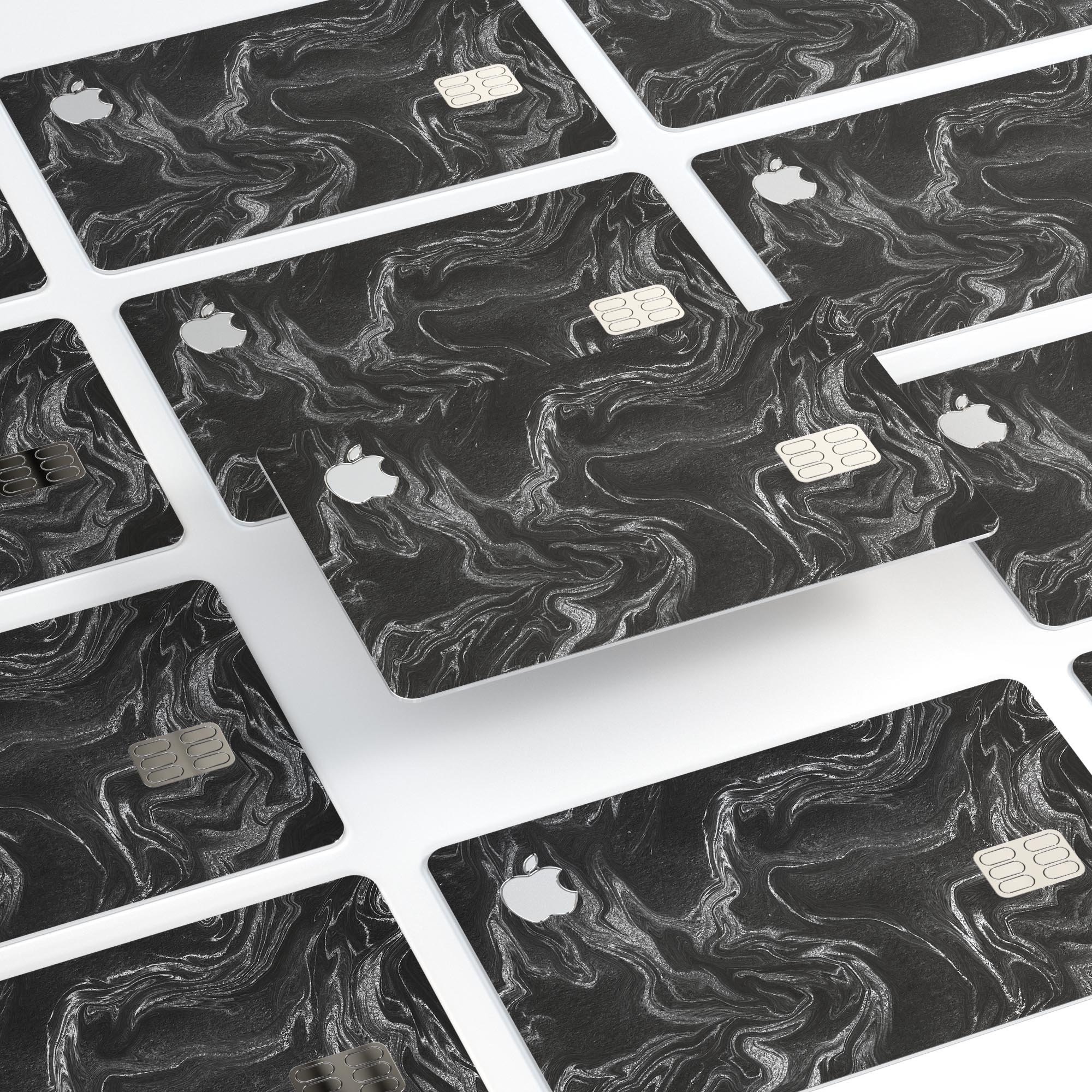 Black and silver marble swirl decal skin for Apple Card, showcasing a stylish design that offers protection.