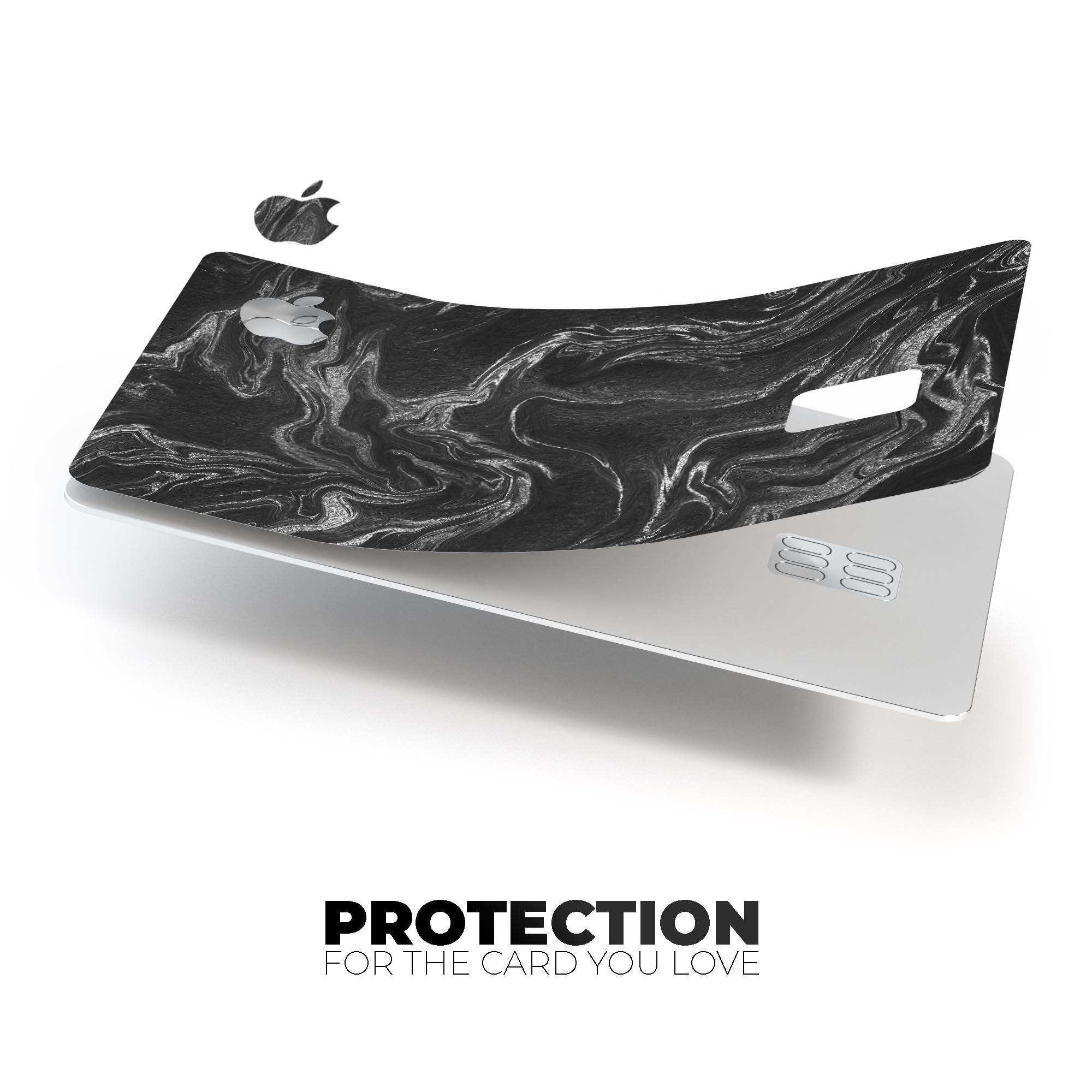 Black and silver marble swirl decal skin for Apple Card, showcasing a stylish design that offers protection.