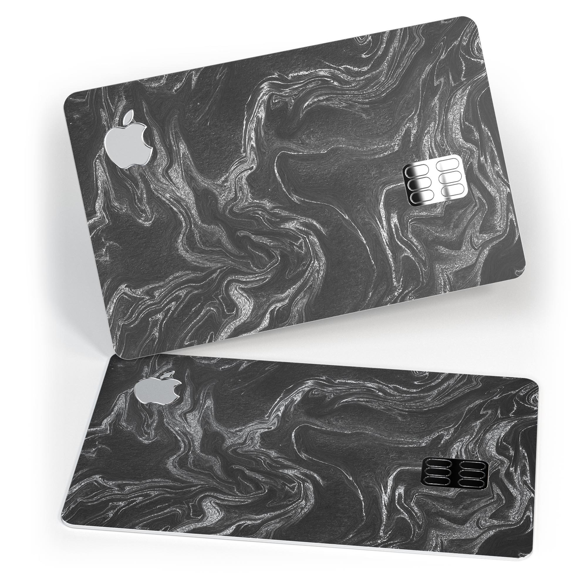 Black and silver marble swirl decal skin for Apple Card, showcasing a stylish design that offers protection.