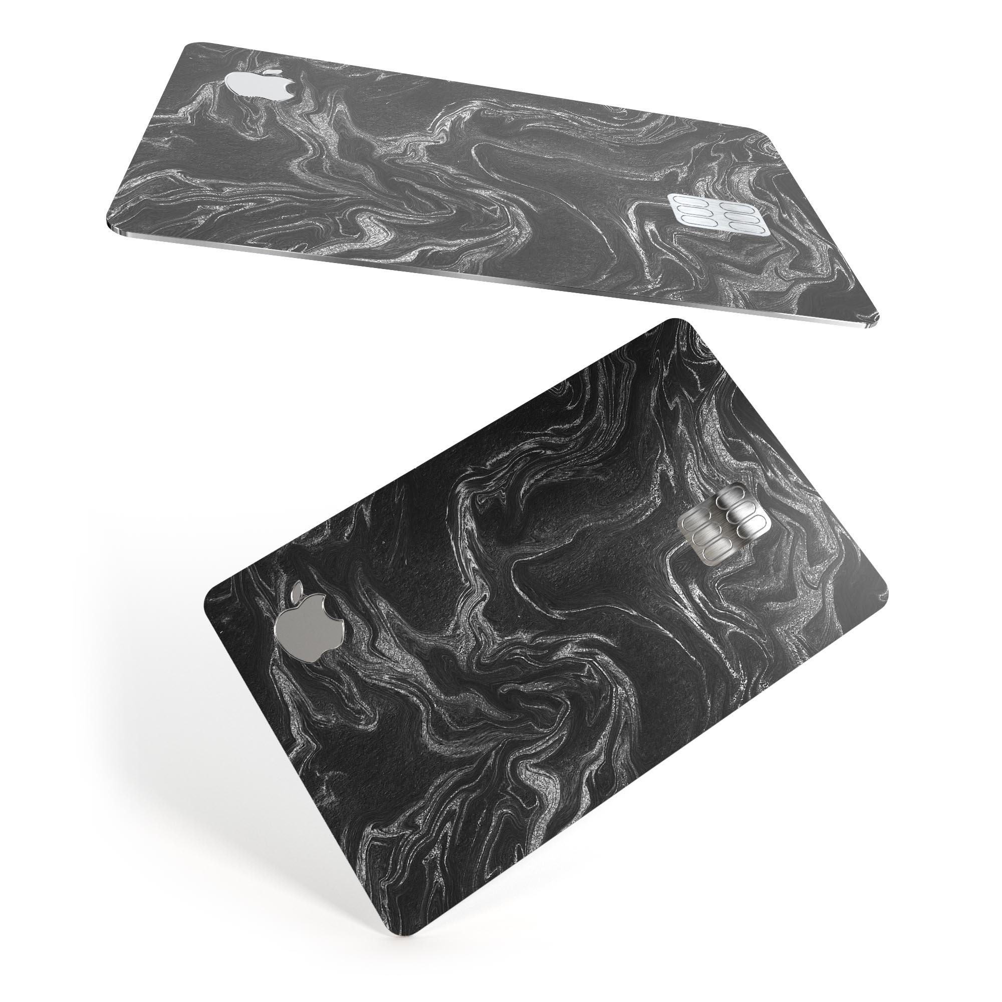 Black and silver marble swirl decal skin for Apple Card, showcasing a stylish design that offers protection.