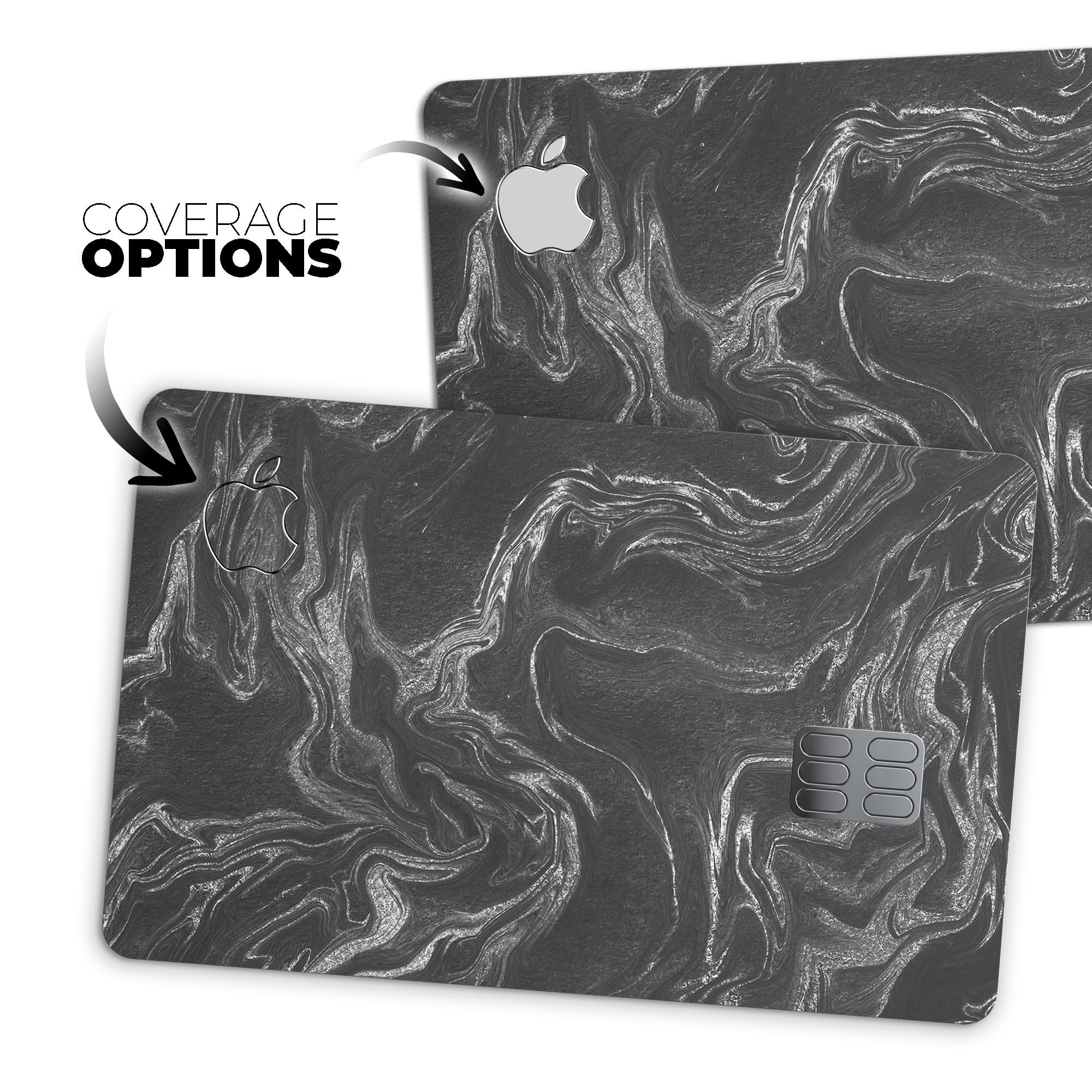 Black and silver marble swirl decal skin for Apple Card, showcasing a stylish design that offers protection.