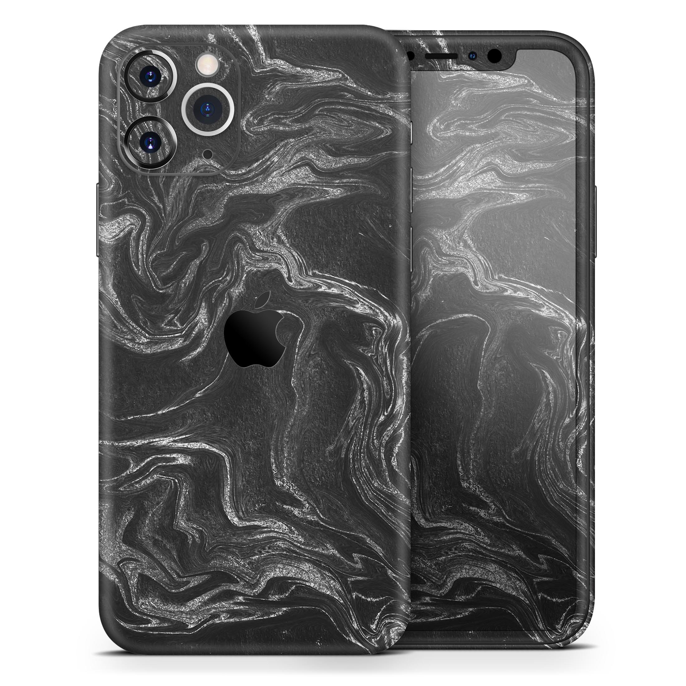 Black and silver marble swirl skin for Apple iPhone, showcasing a stylish design with a glossy finish.