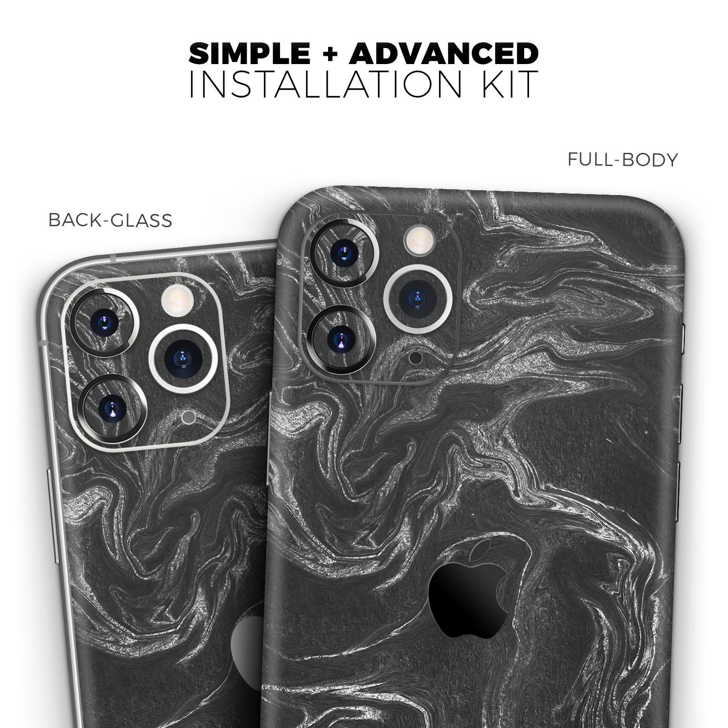 Black and silver marble swirl skin for Apple iPhone, showcasing a stylish design with a glossy finish.