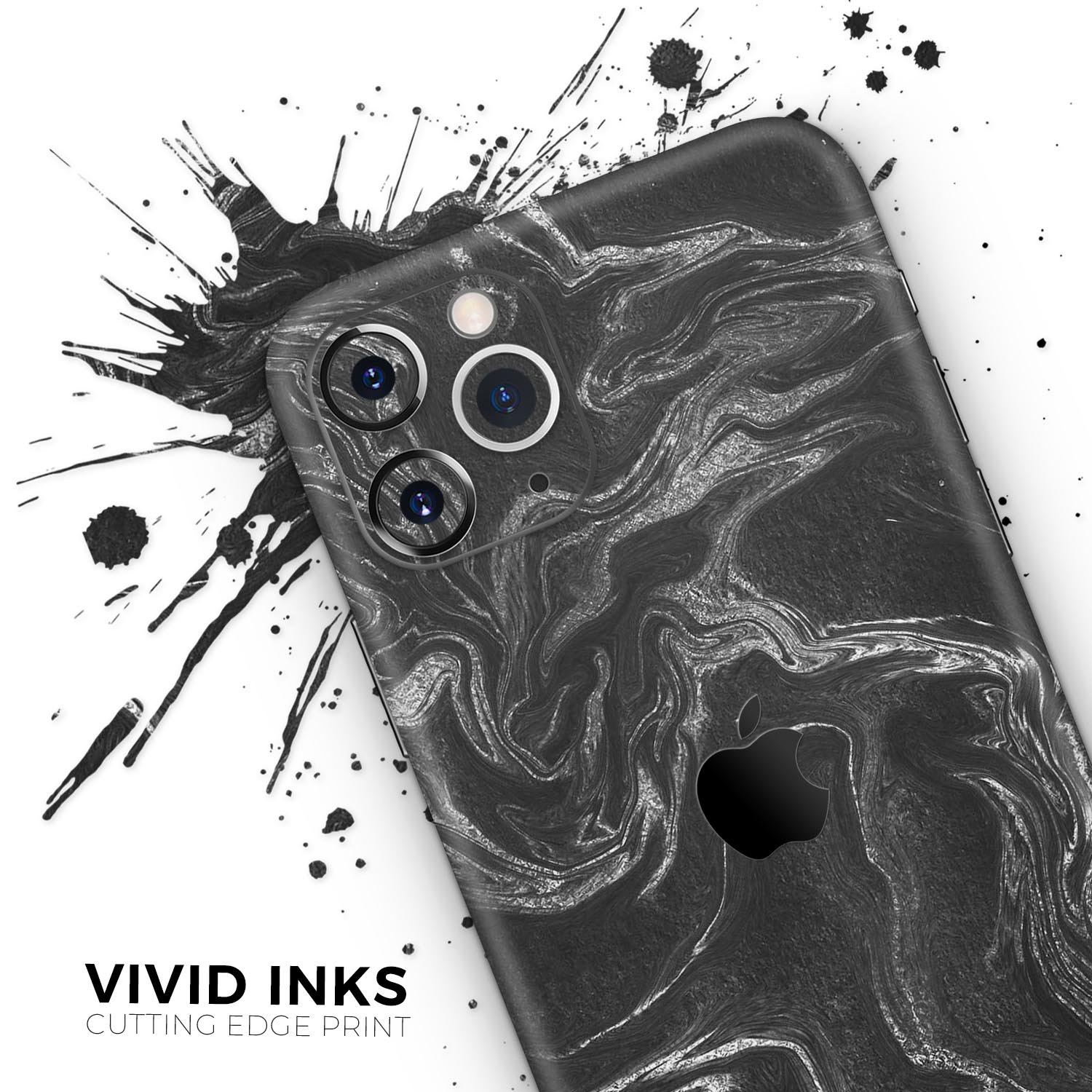 Black and silver marble swirl skin for Apple iPhone, showcasing a stylish design with a glossy finish.