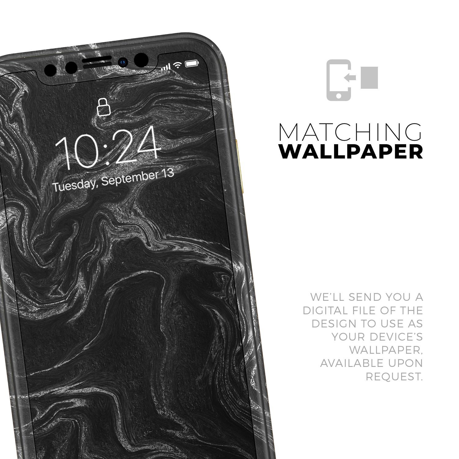 Black and silver marble swirl skin for Apple iPhone, showcasing a stylish design with a glossy finish.