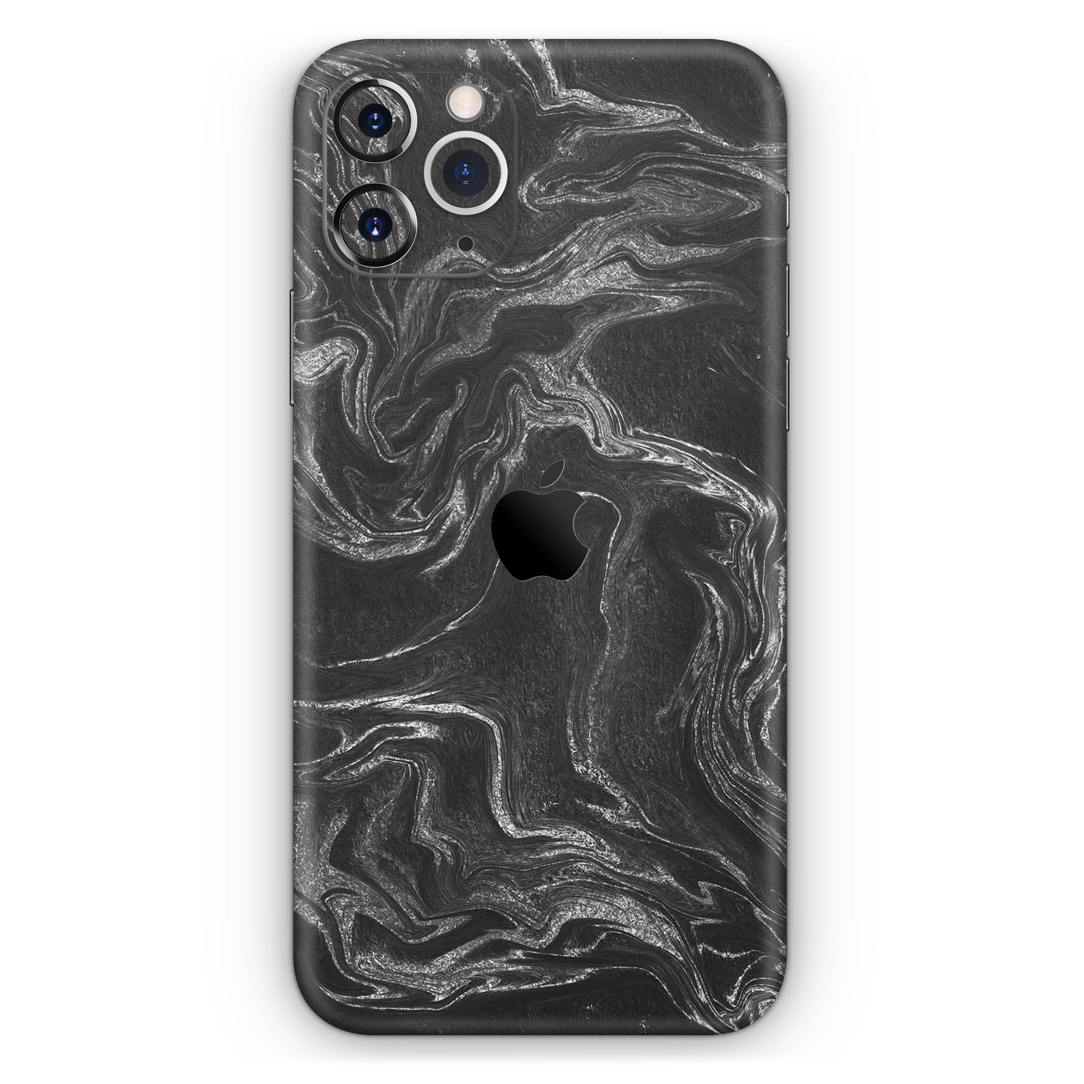 Black and silver marble swirl skin for Apple iPhone, showcasing a stylish design with a glossy finish.