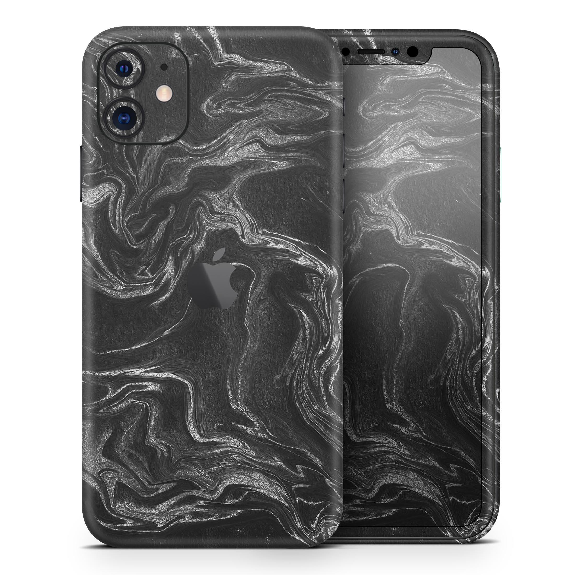 Black and silver marble swirl skin for Apple iPhone, showcasing a stylish design with a glossy finish.