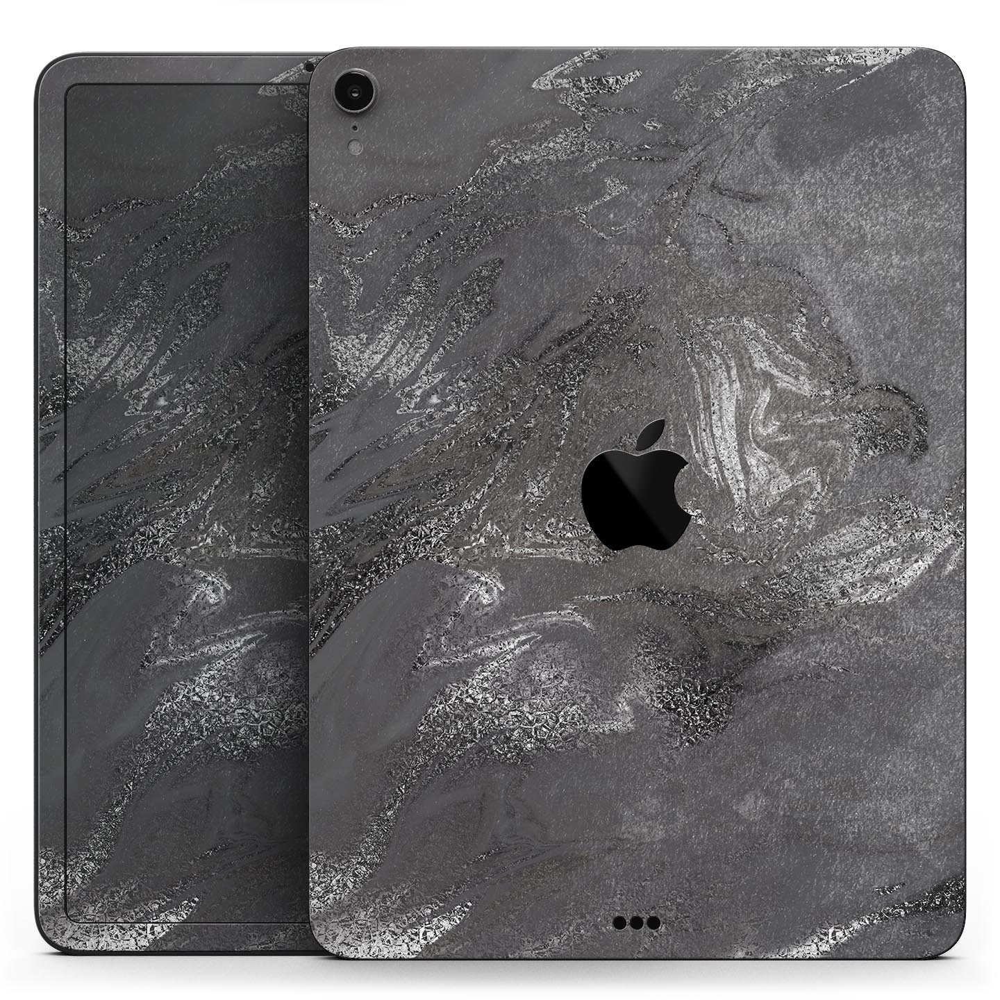 Black and silver marble swirl skin decal for Apple devices, showcasing a stylish design with a premium finish.