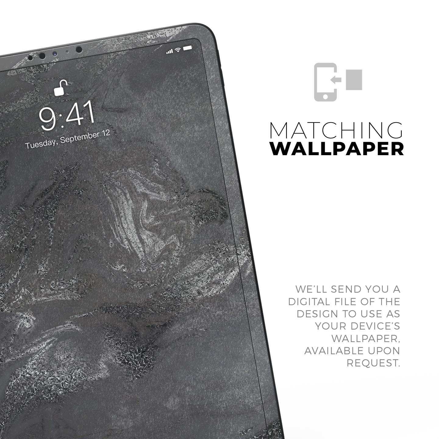 Black and silver marble swirl skin decal for Apple devices, showcasing a stylish design with a premium finish.