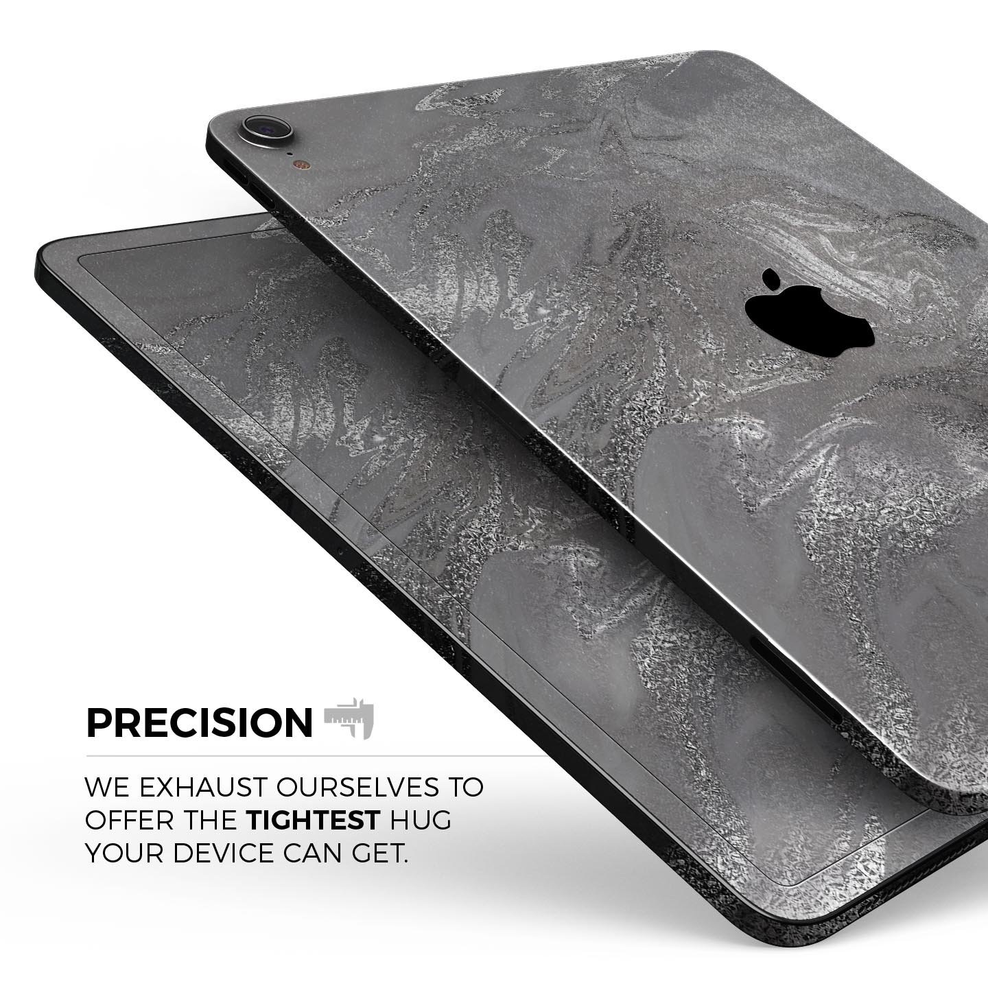 Black and silver marble swirl skin decal for Apple devices, showcasing a stylish design with a premium finish.