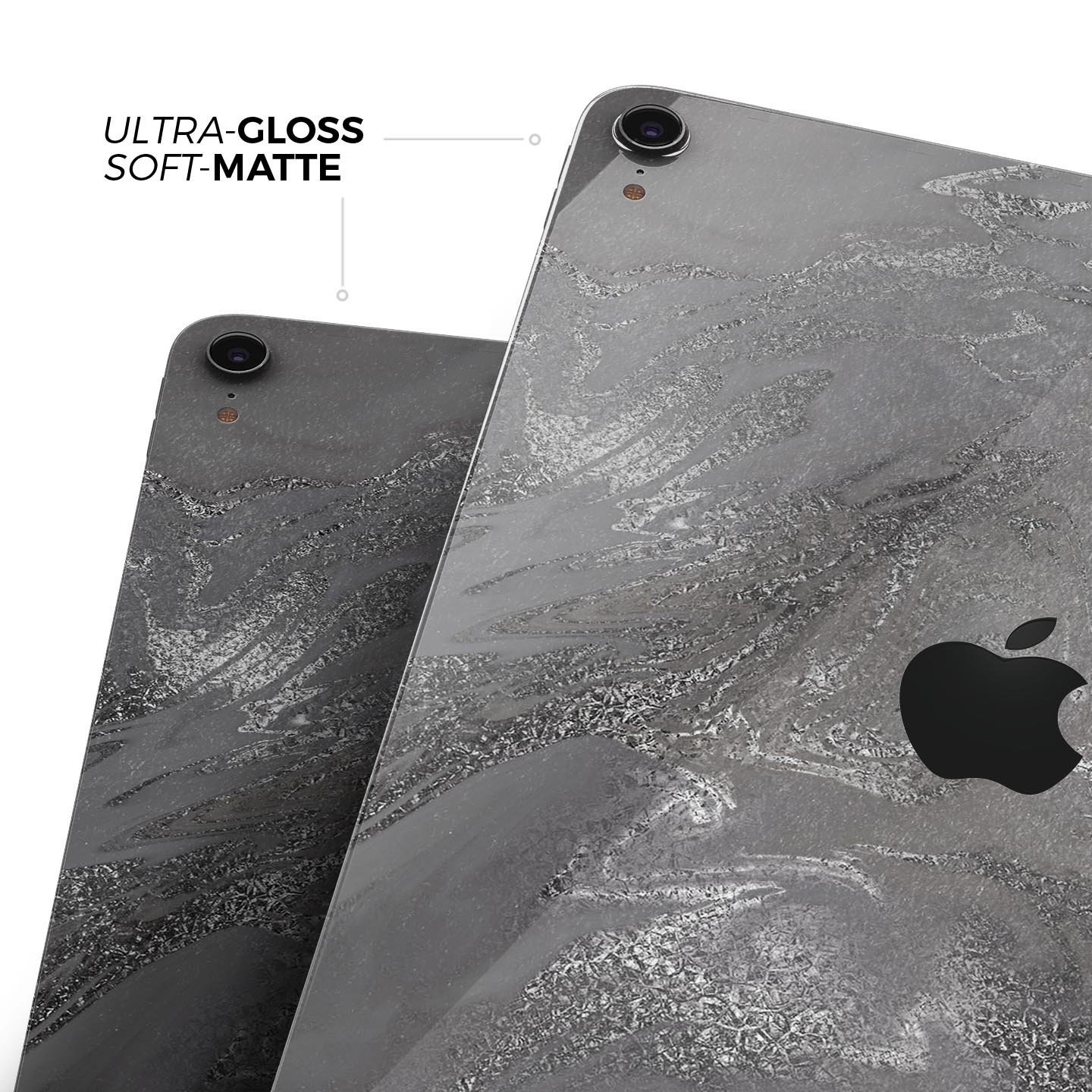 Black and silver marble swirl skin decal for Apple devices, showcasing a stylish design with a premium finish.