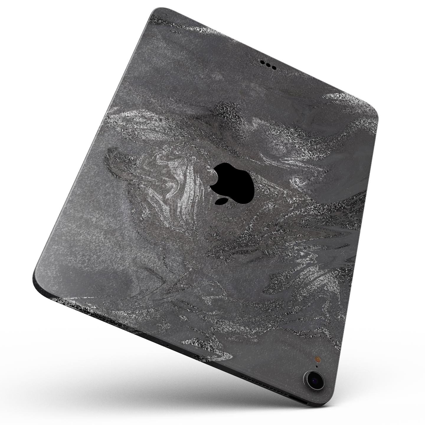 Black and silver marble swirl skin decal for Apple devices, showcasing a stylish design with a premium finish.