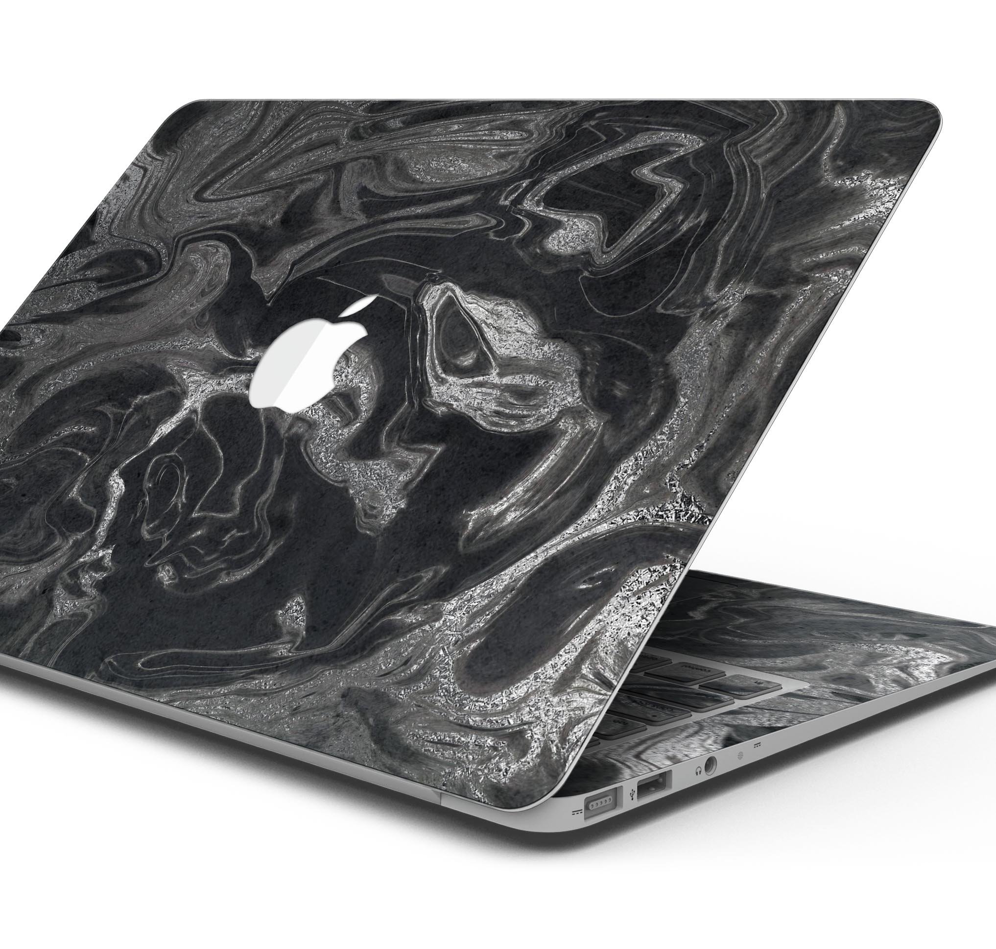 Black & Silver Marble Swirl V6 skin decal wrap kit for MacBook, showcasing a stylish marble design with a premium finish.