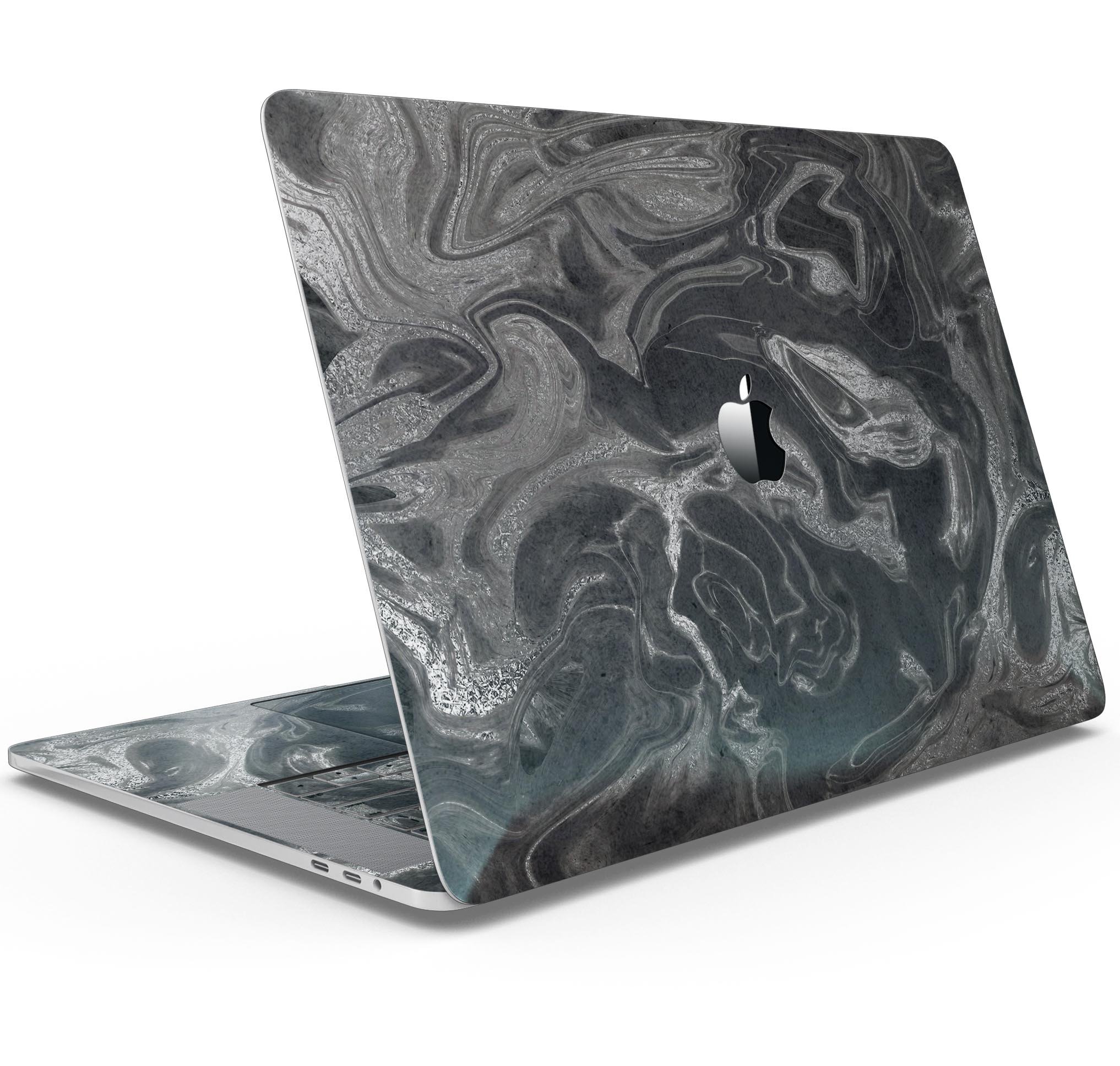 Black & Silver Marble Swirl V6 skin decal wrap kit for MacBook, showcasing a stylish marble design with a premium finish.