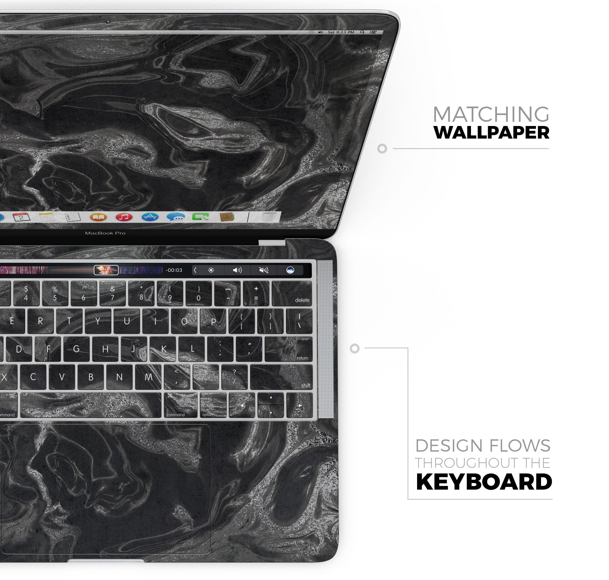 Black & Silver Marble Swirl V6 skin decal wrap kit for MacBook, showcasing a stylish marble design with a premium finish.