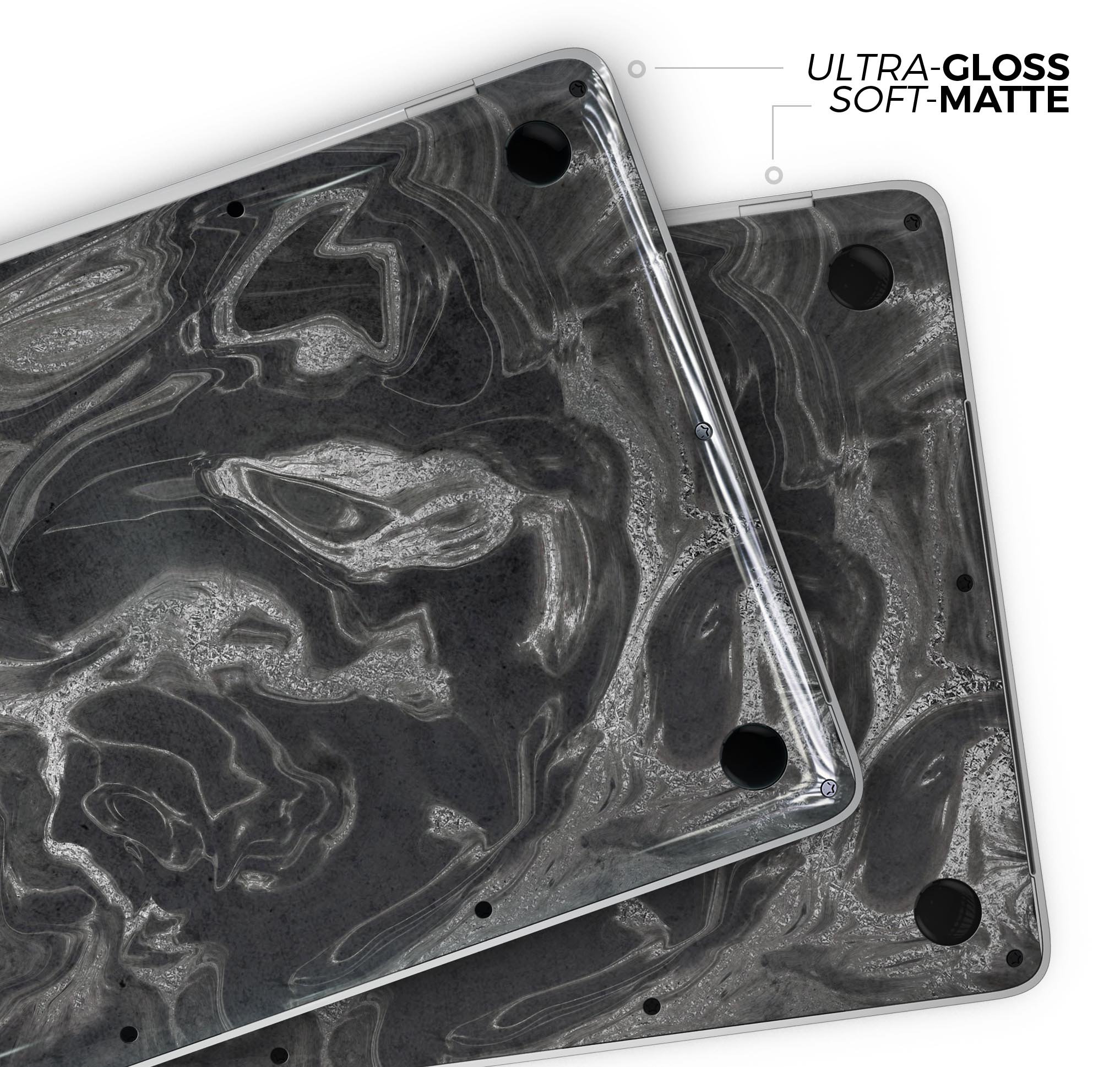 Black & Silver Marble Swirl V6 skin decal wrap kit for MacBook, showcasing a stylish marble design with a premium finish.