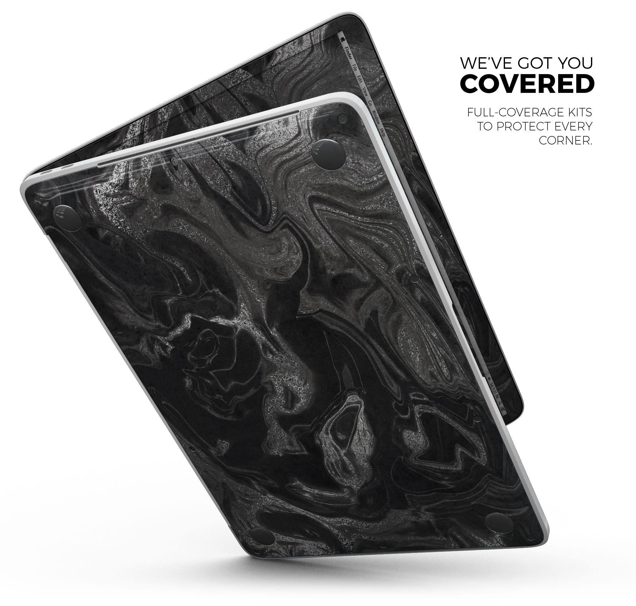 Black & Silver Marble Swirl V6 skin decal wrap kit for MacBook, showcasing a stylish marble design with a premium finish.